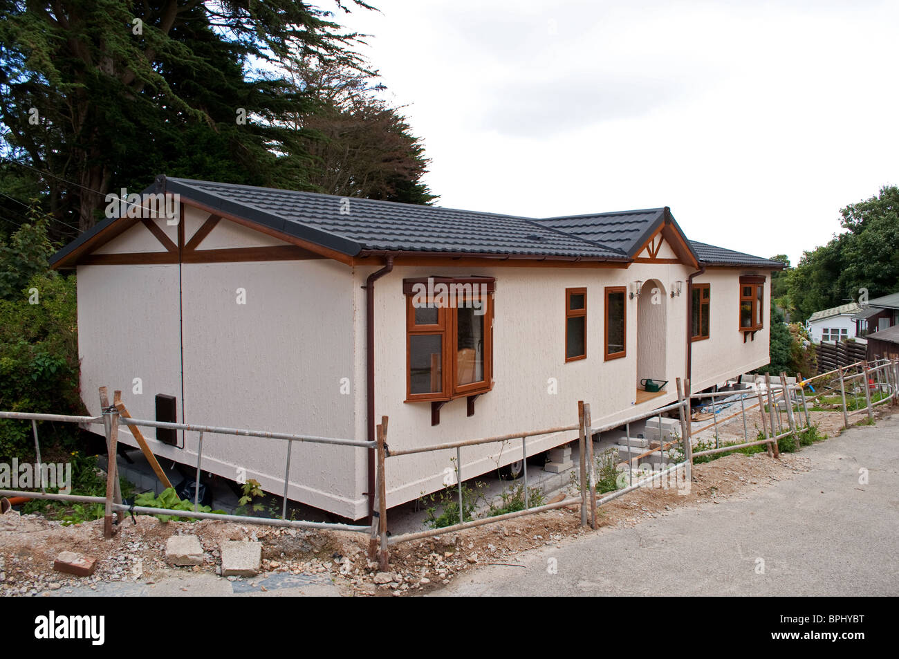 A new mobile home just delivered to a holiday park near falmouth in