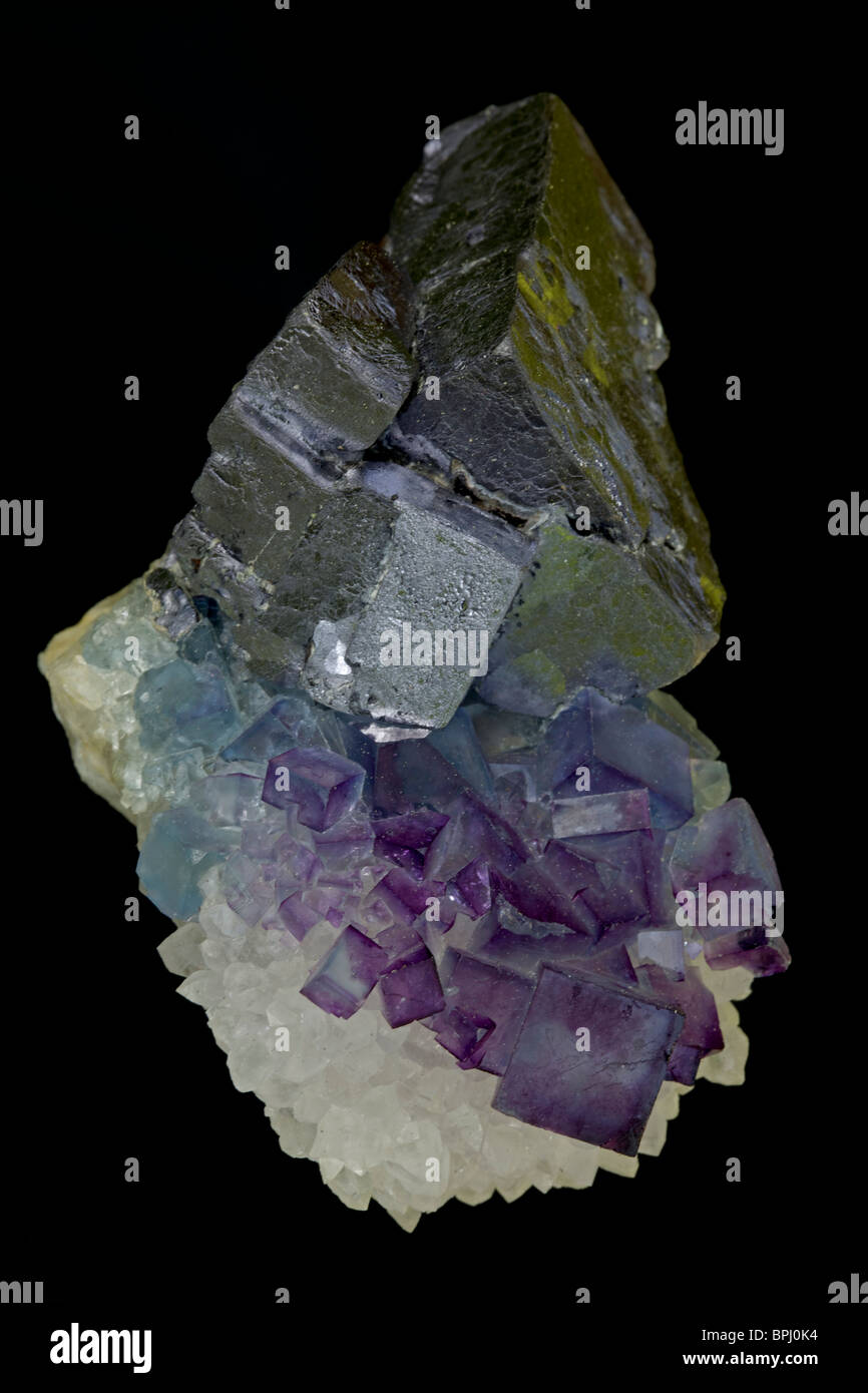 Fluorite (purple) Galena (metallic) and Quartz (white) - Blanchard Mine - Portales Tunnel - Socorro County - New Mexico Stock Photo