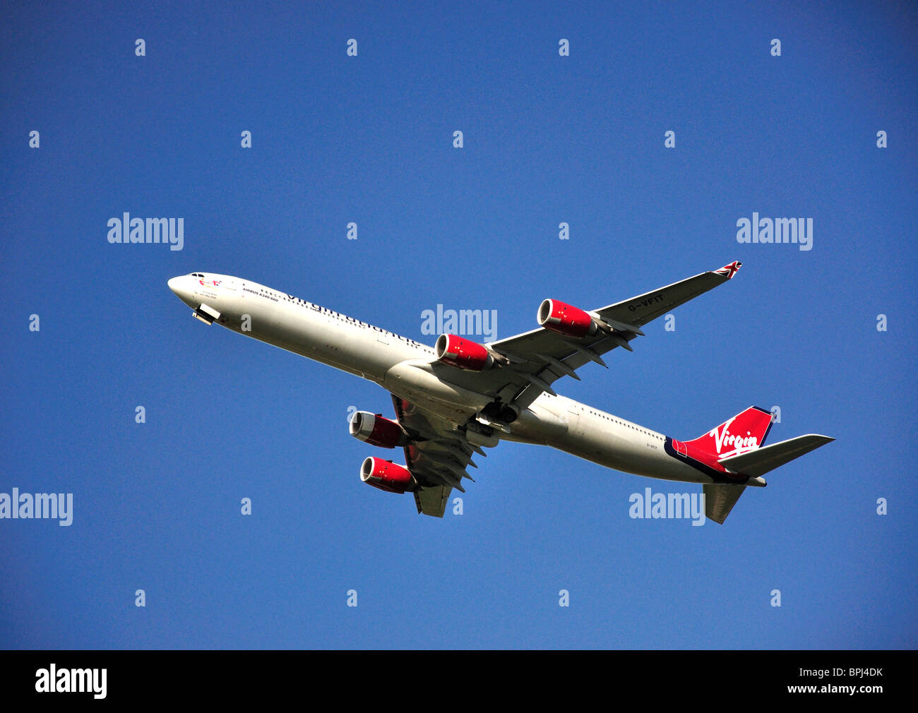Virgin Atlantic Airbus A340-600 taking off from Heathrow Airport, Greater London, England, United Kingdom Stock Photo