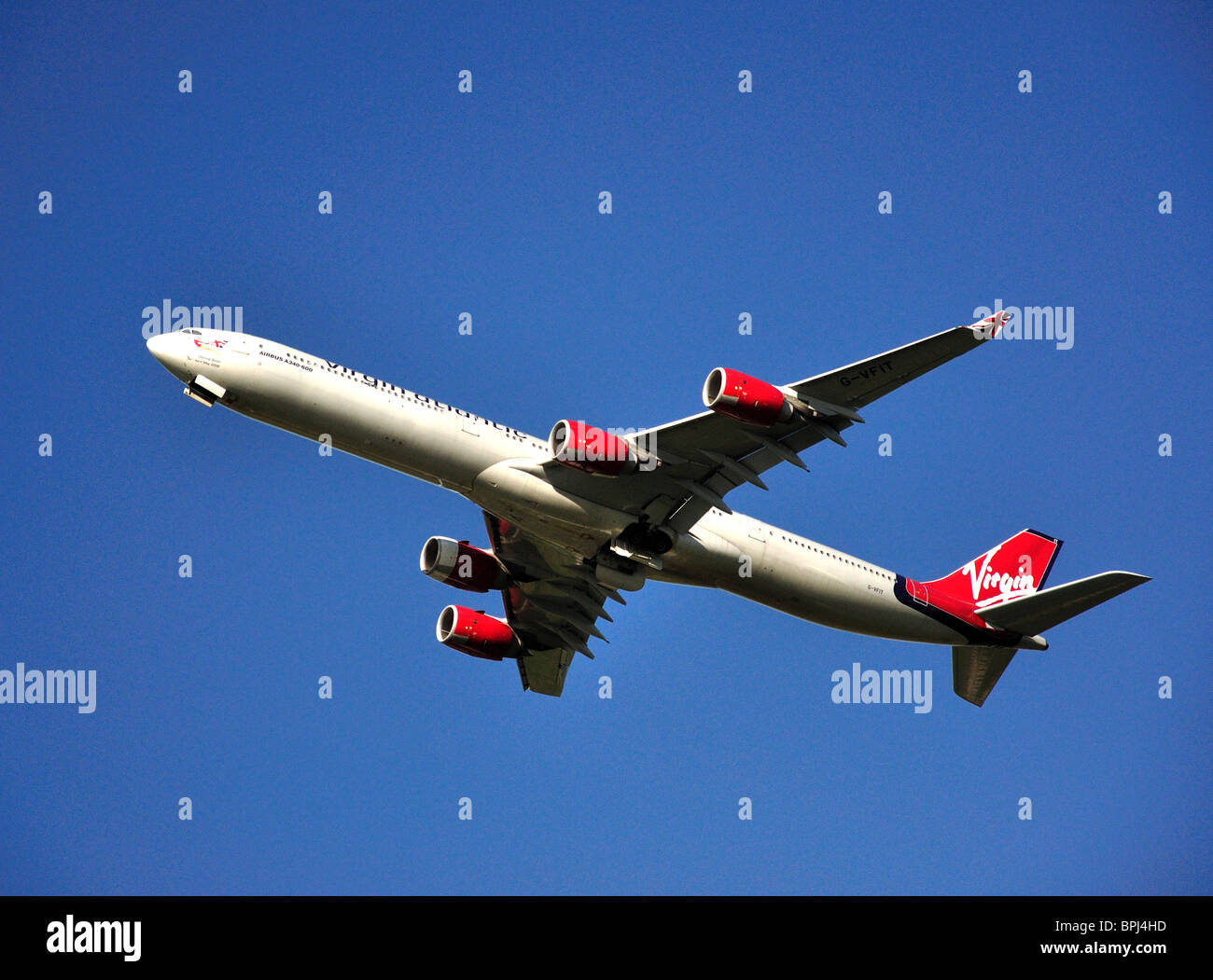 Virgin Atlantic Airbus A340-600 taking off from Heathrow Airport, Greater London, England, United Kingdom Stock Photo