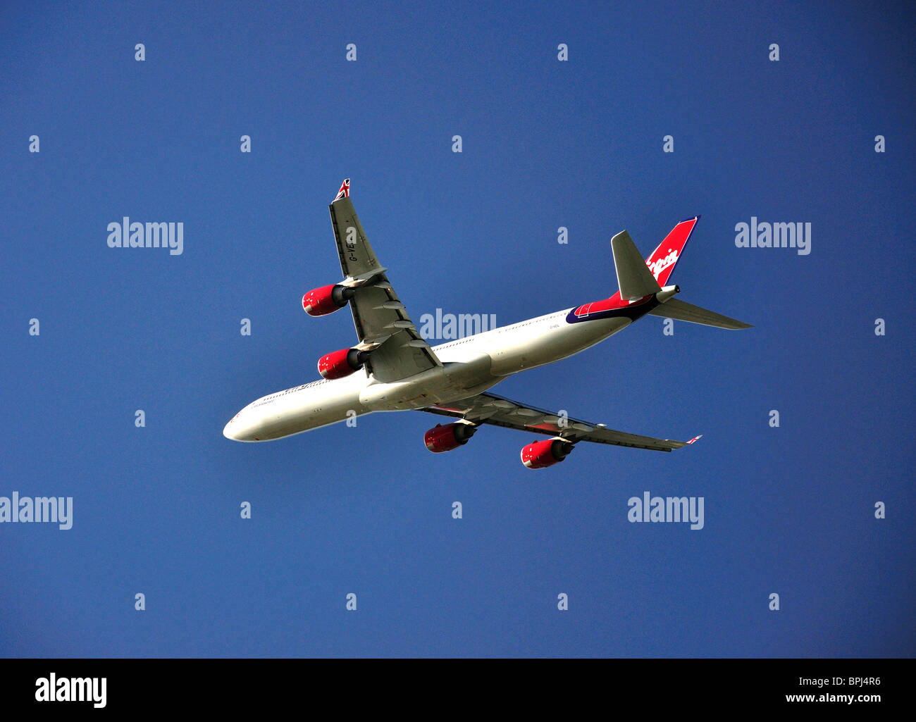 Virgin Atlantic Airbus A340-600 taking off from Heathrow Airport, Greater London, England, United Kingdom Stock Photo