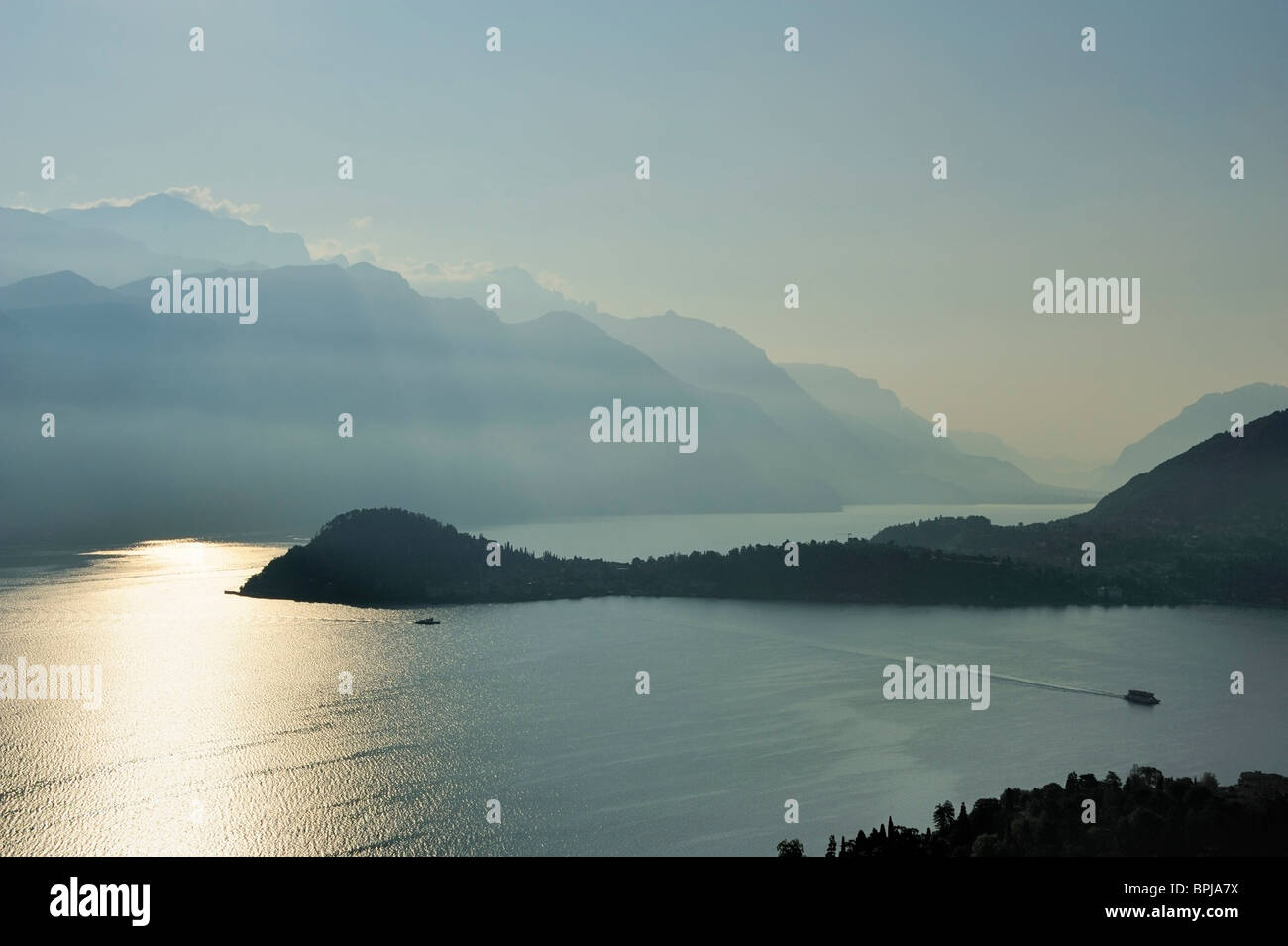 Lake Como with peninsula Bellagio, Bergamo Alps in background, Lombardy, Italy Stock Photo