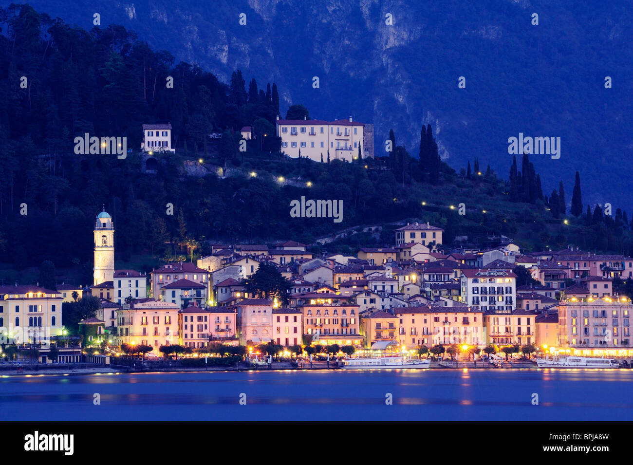 View to Bellagio at night, Lake Como, Lombardy, Italy Stock Photo