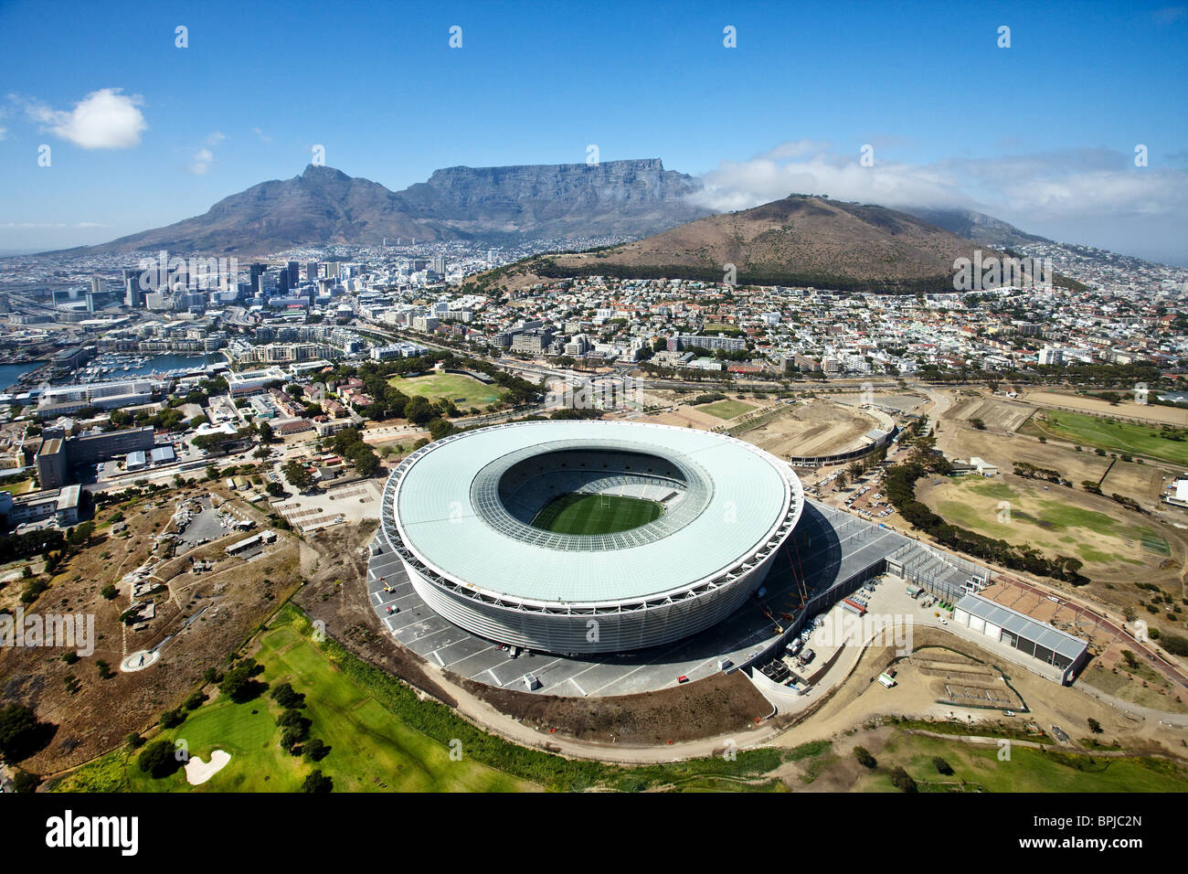 Aerial view of the Football Stadium, Table Mountain and Cape Town Stock