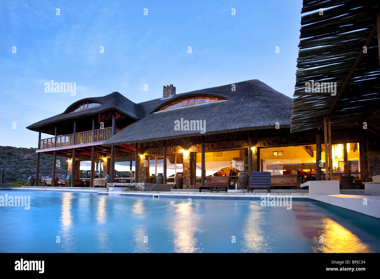 Aquila Lodge in the evening light and swimming pool, Cape Town, Western Cape, South Africa, Africa Stock Photo