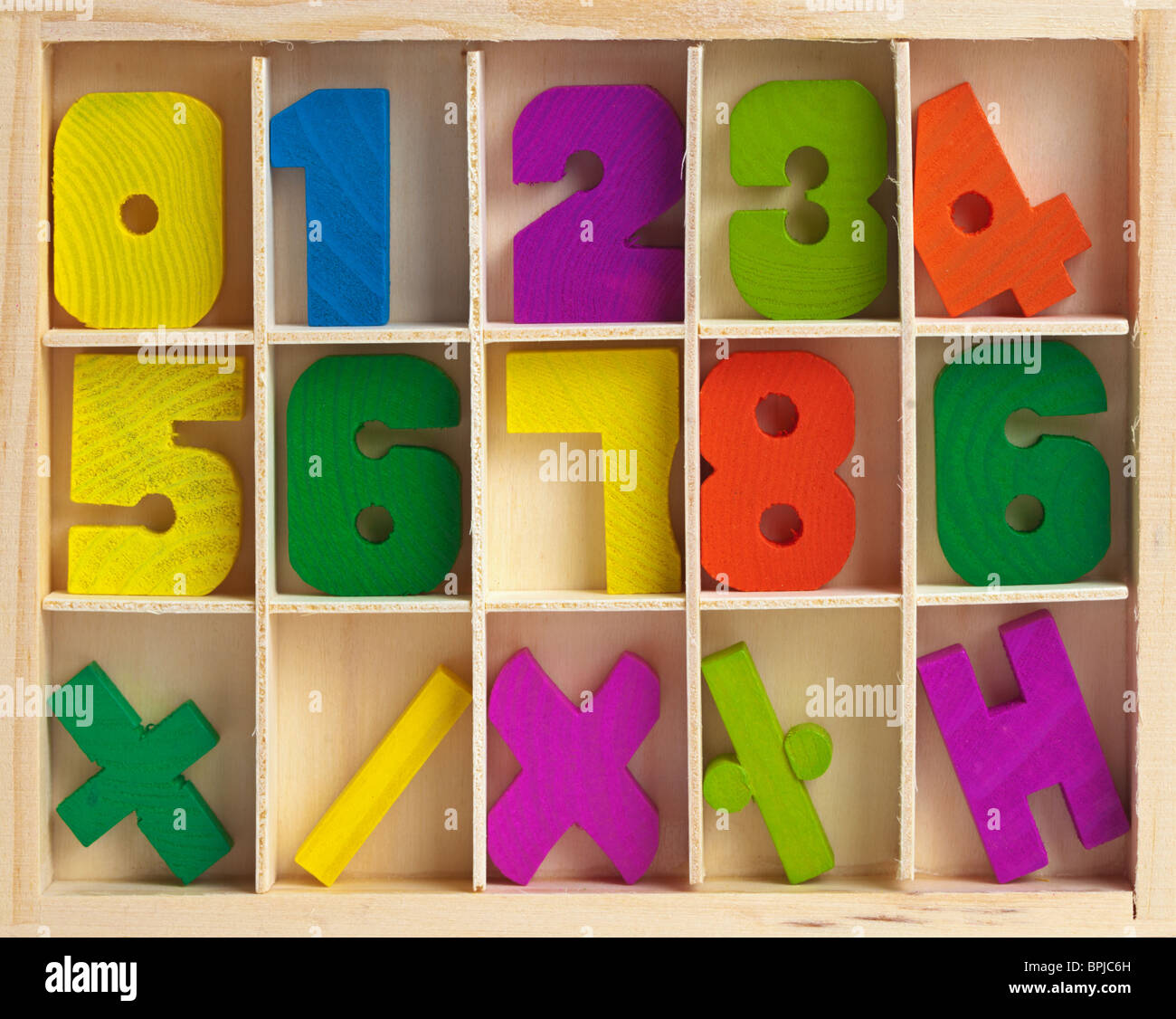Wooden set for training to arithmetics of children Stock Photo