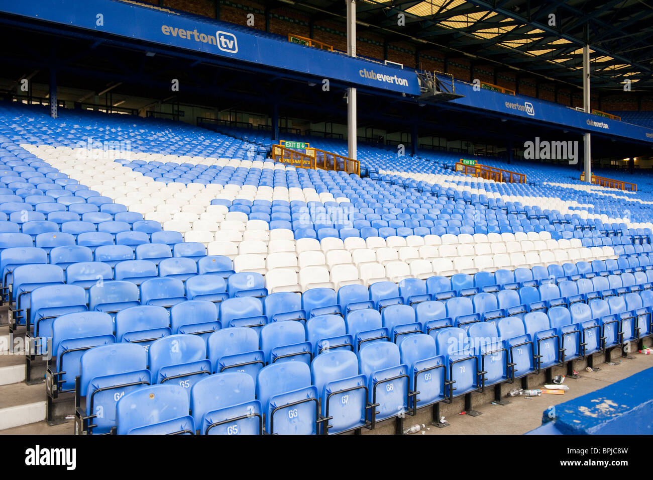 Goodison Park EFC Everton blue stadium seats Stock Photo