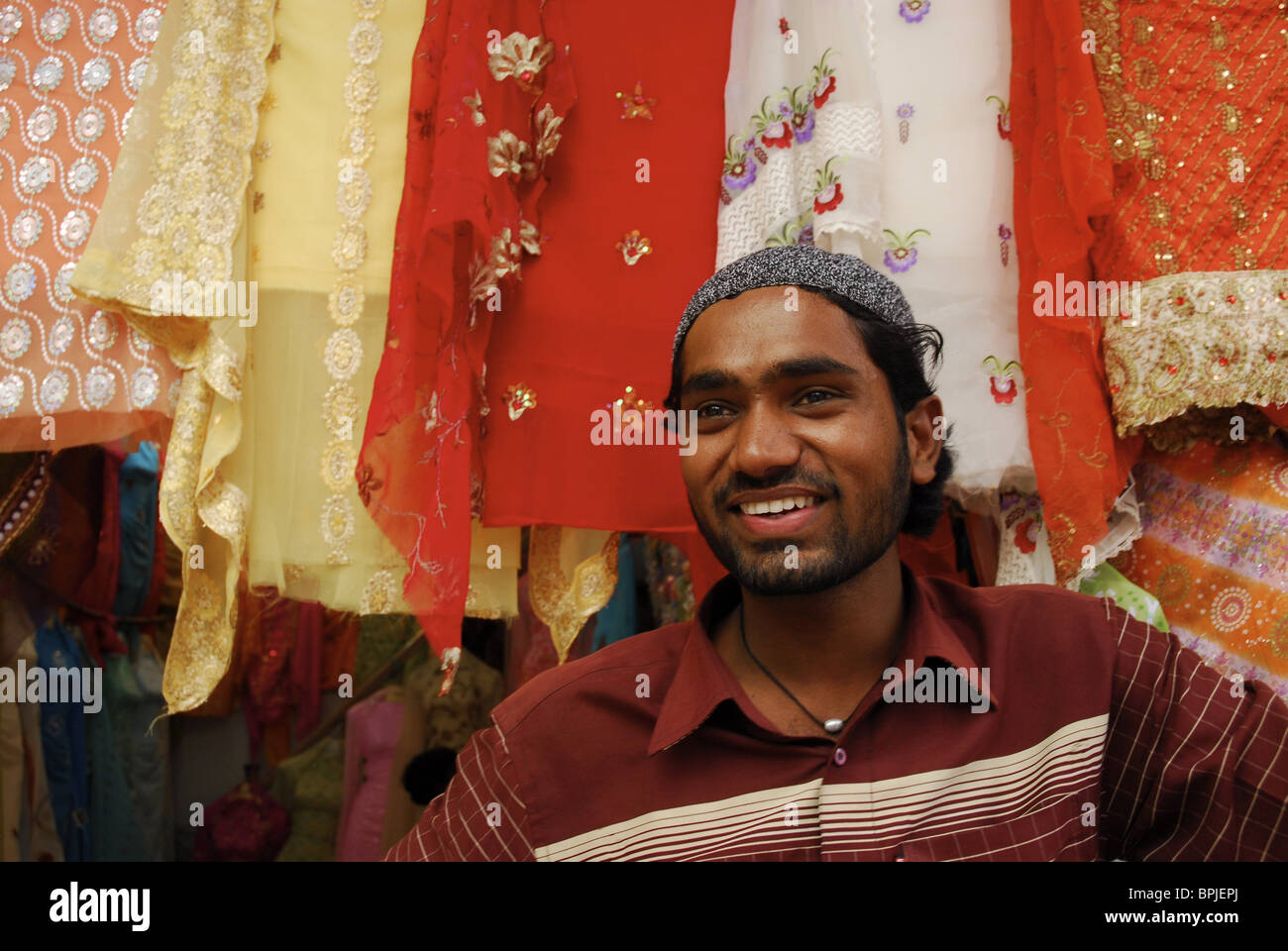 Muslim trader at a streetmarket near Charminar, Hyderabad, Andhra Pradesh, India, Asia Stock Photo