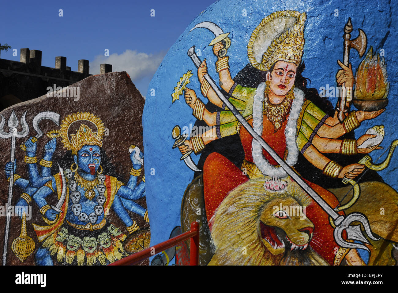 Kali and Shiva painted on rock boulders, Golconda Fort, Hyderabad, Andhra Pradesh, India, Asia Stock Photo