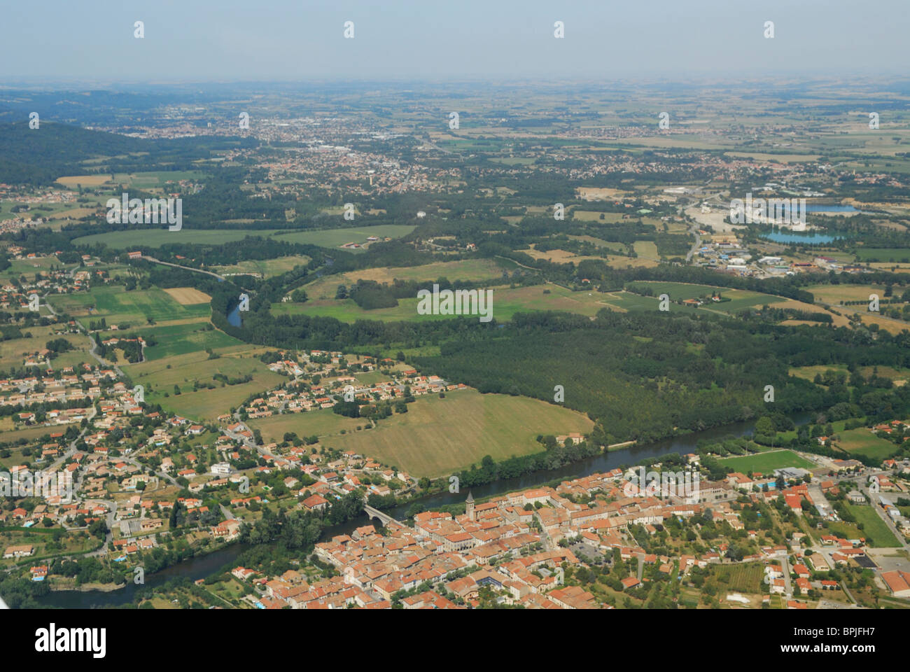 Aerial view of Varilhes village and Ariege river, south of Pamiers, Ariege, Midi-Pyrenees, France Stock Photo