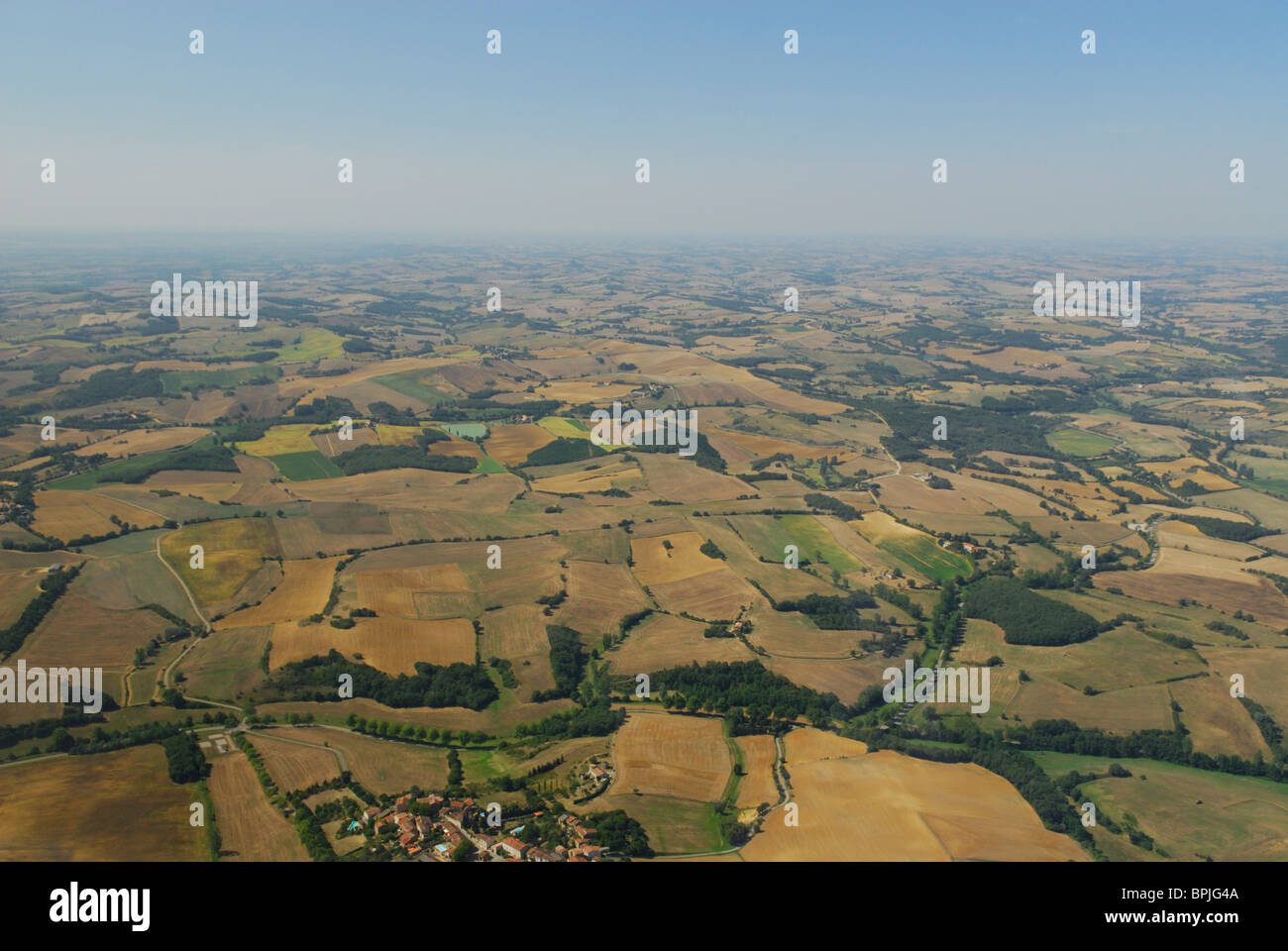 Aerial view of dried fields south of Castelnaudary town in summertime, Aude, Languedoc-Roussillon, France Stock Photo