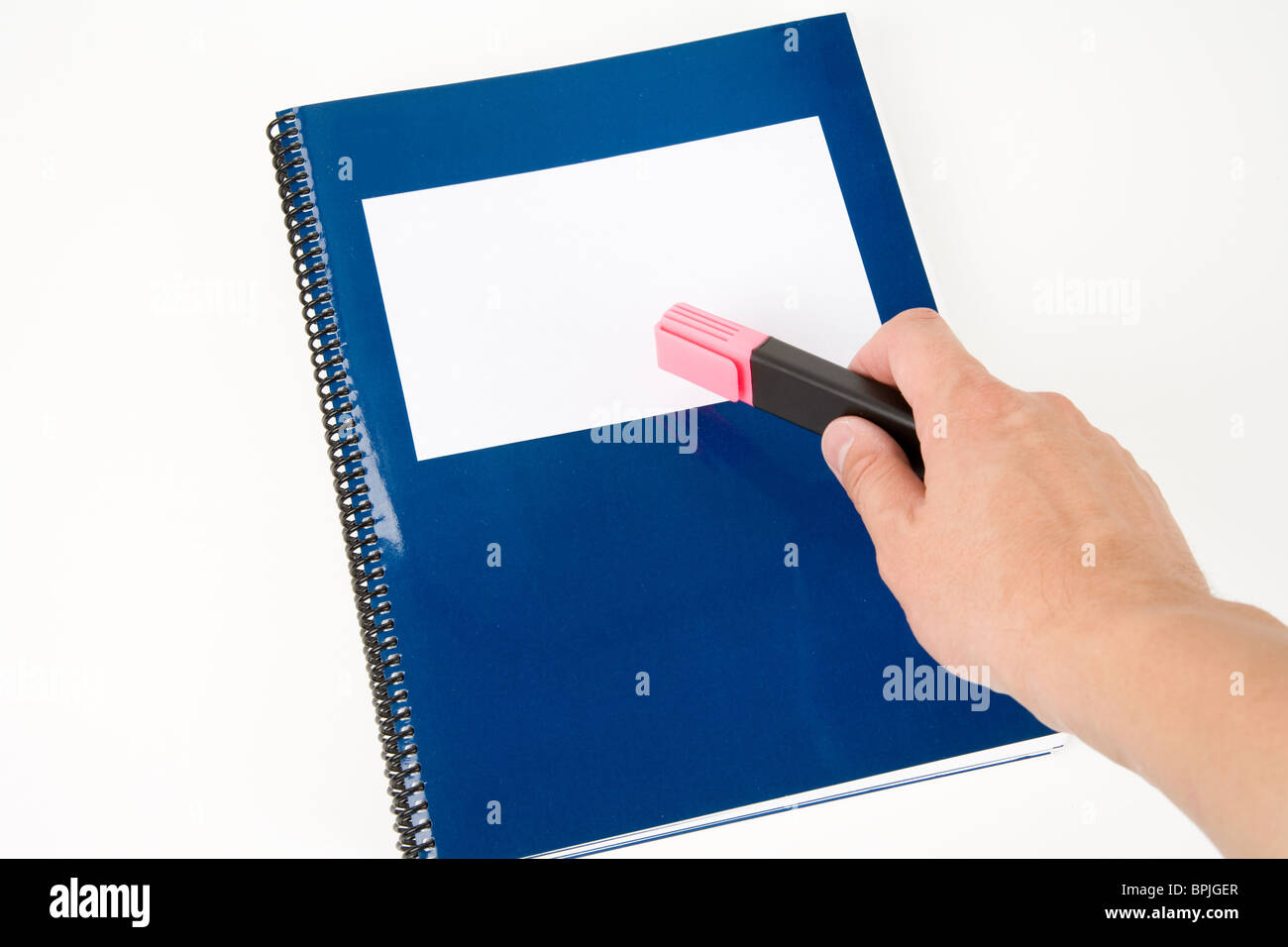 Blue school textbook, notebook or manual with white background Stock ...