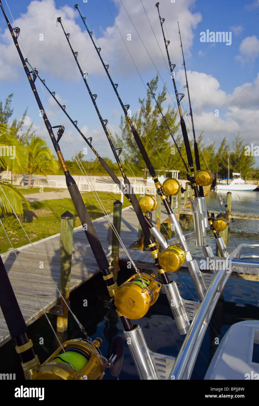 fishing equipment on boat at dock Stock Photo