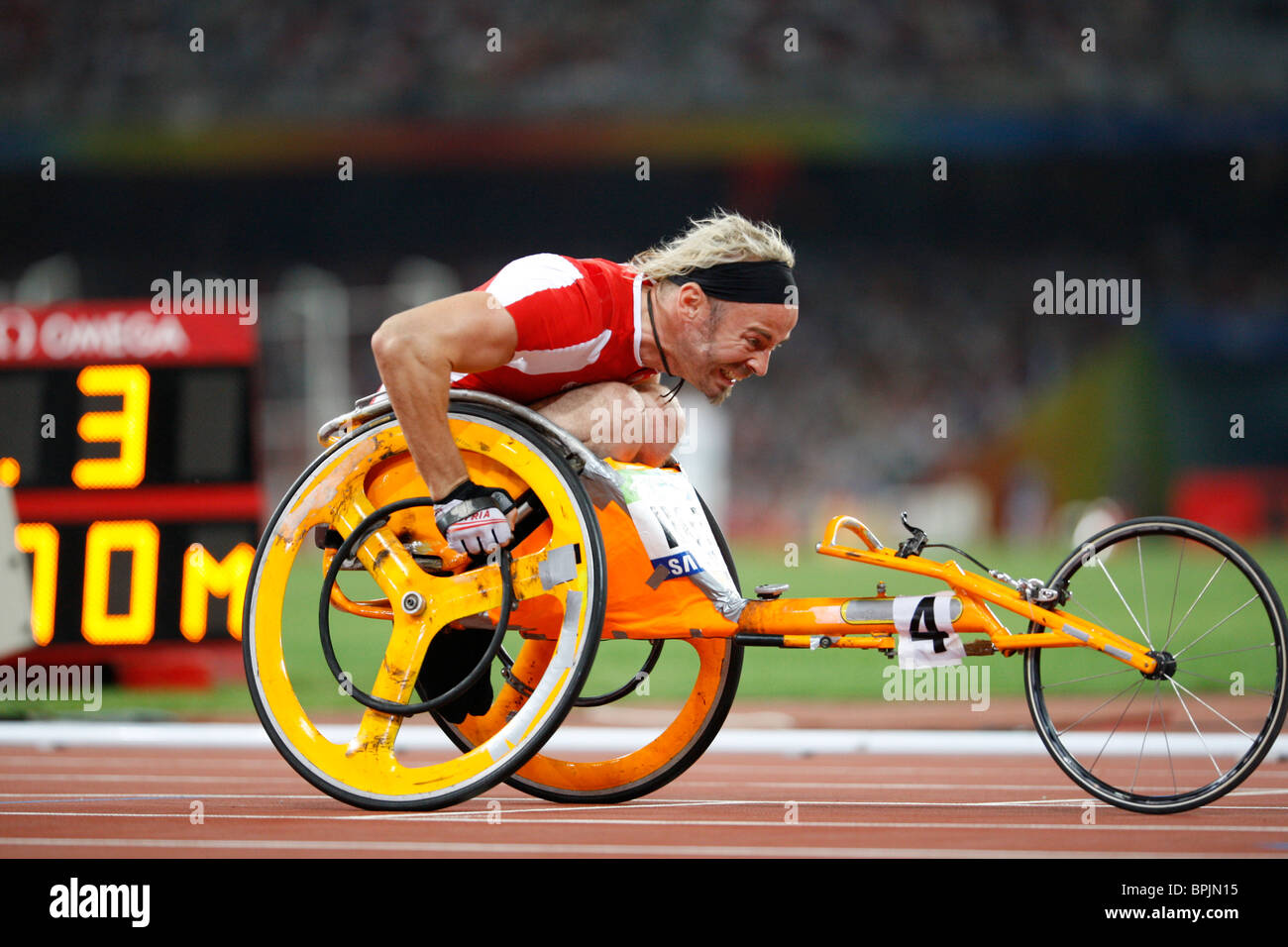Austria's Thomas Geierspichler in the T52 men's 400-meters for wheelchair-bound athletes at the Paralympics in Beijing. Stock Photo
