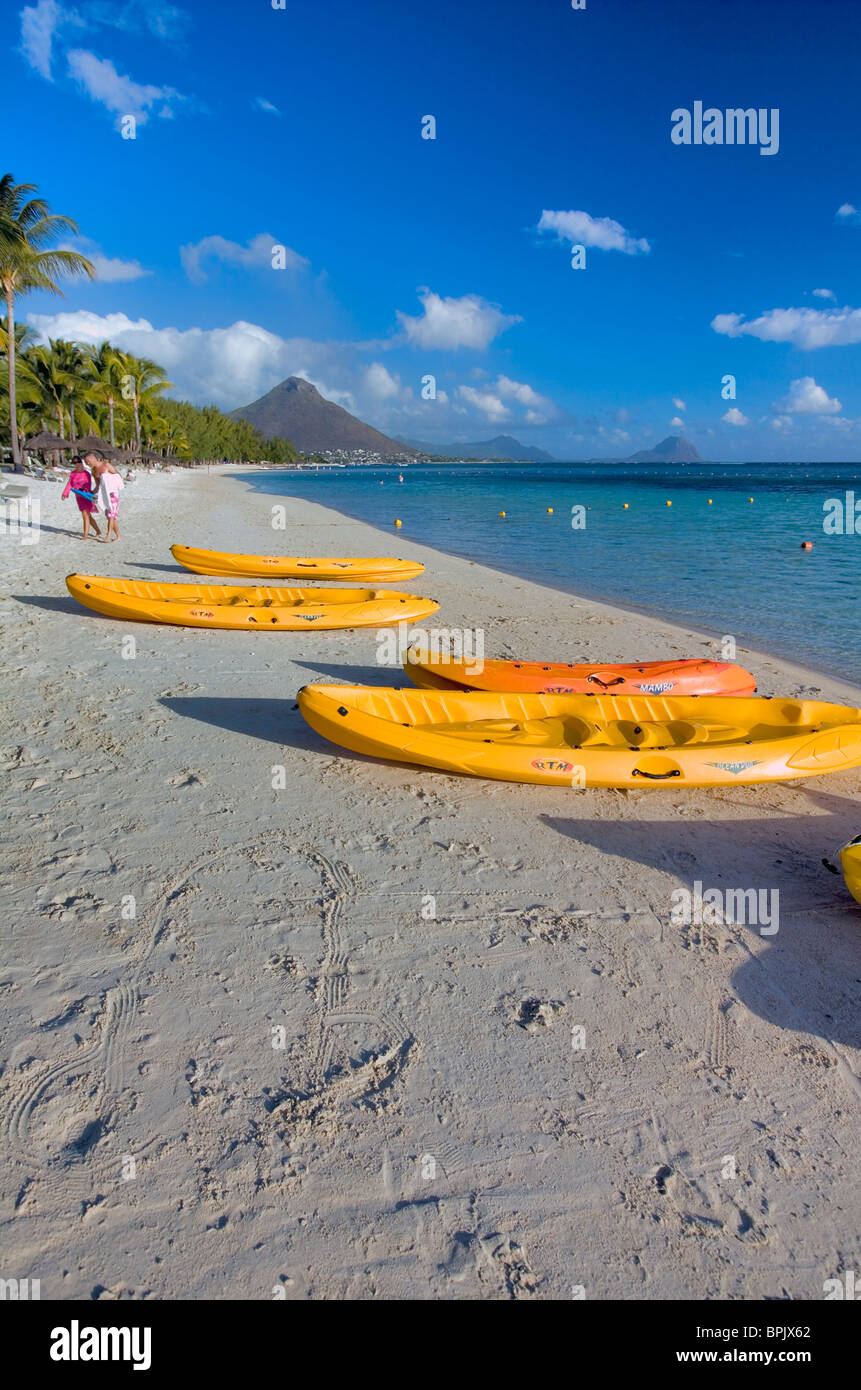 Canoes on La Pirogue Hotel. Coral beach, Mauritius Stock Photo