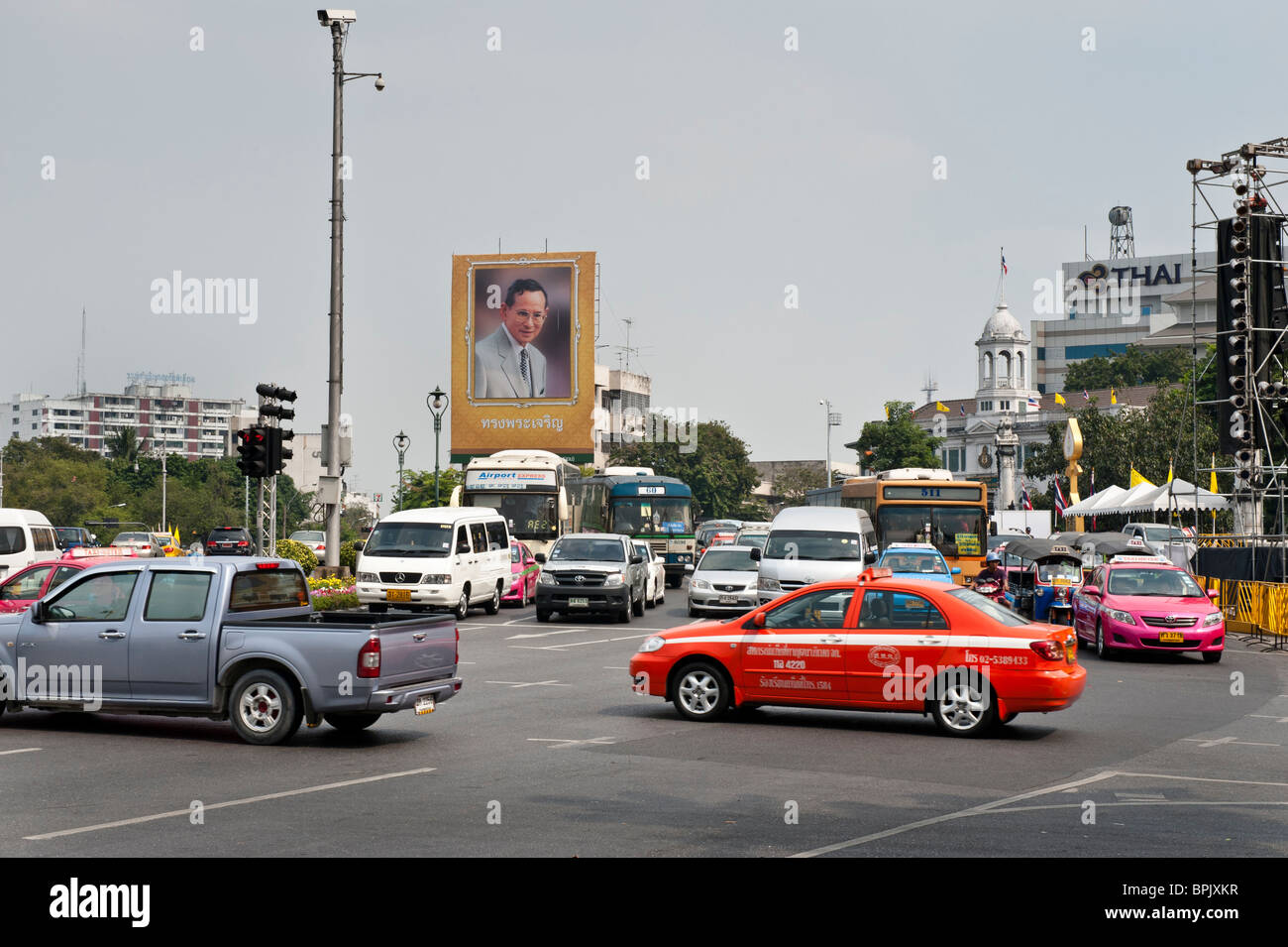 The main road in old Bangkok was flooded with images of the King of Thailand because of his birthday earlier on the 5th of Dec. Stock Photo