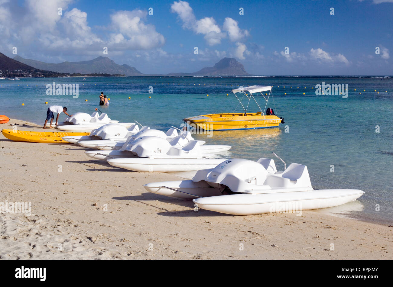 Pedalos at La Pirogue Hotel, Flic en Flac, Mauritius Stock Photo