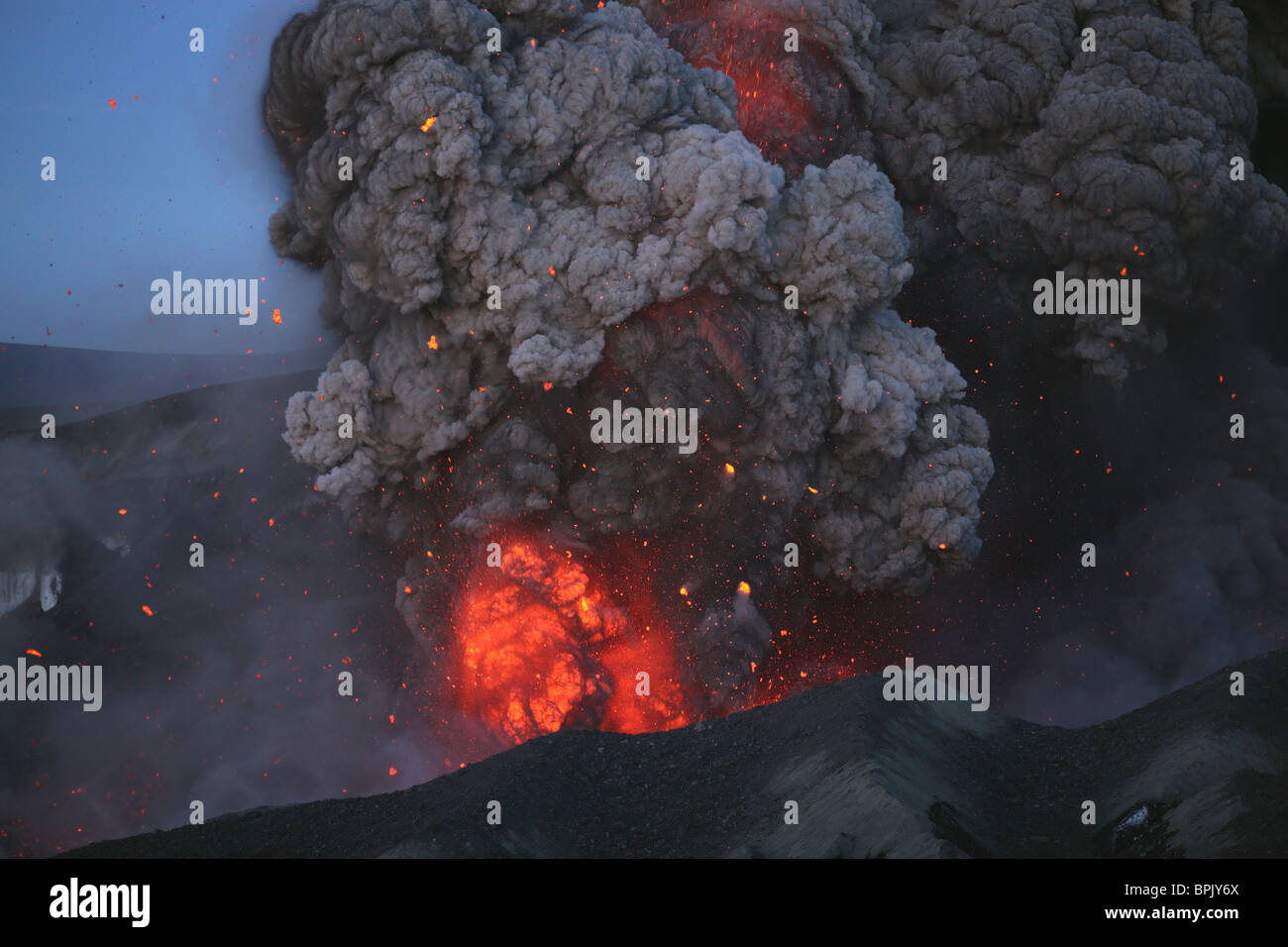 May 8, 2010 - Eyjafjallajökull eruption, Summit crater, Iceland. Stock Photo