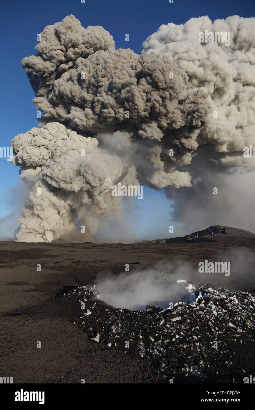 May 10, 2010 - Eyjafjallajökull eruption, steaming lava bomb impact crater, Iceland. Stock Photo