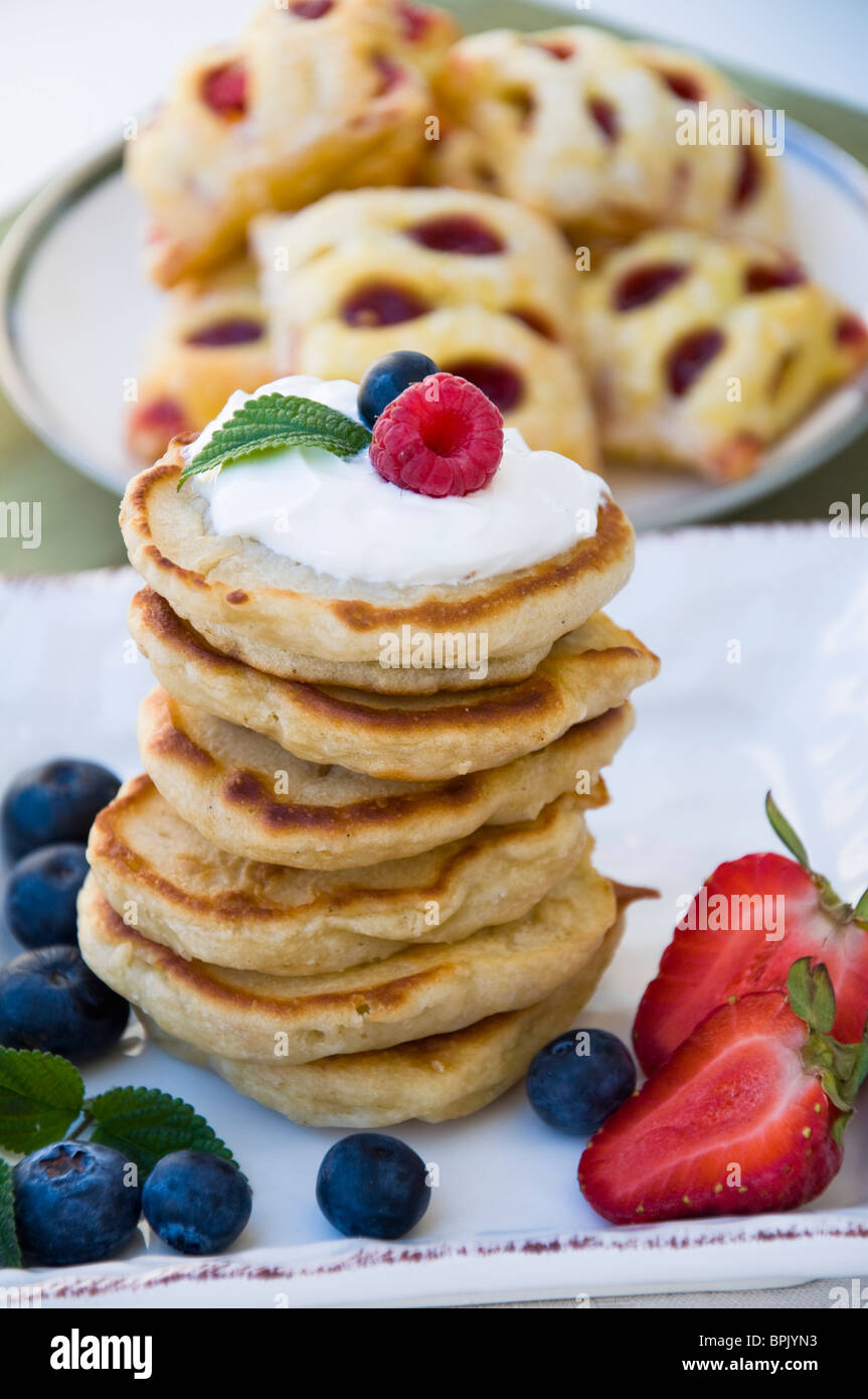 Pancakes with blueberries and raspberries Stock Photo - Alamy