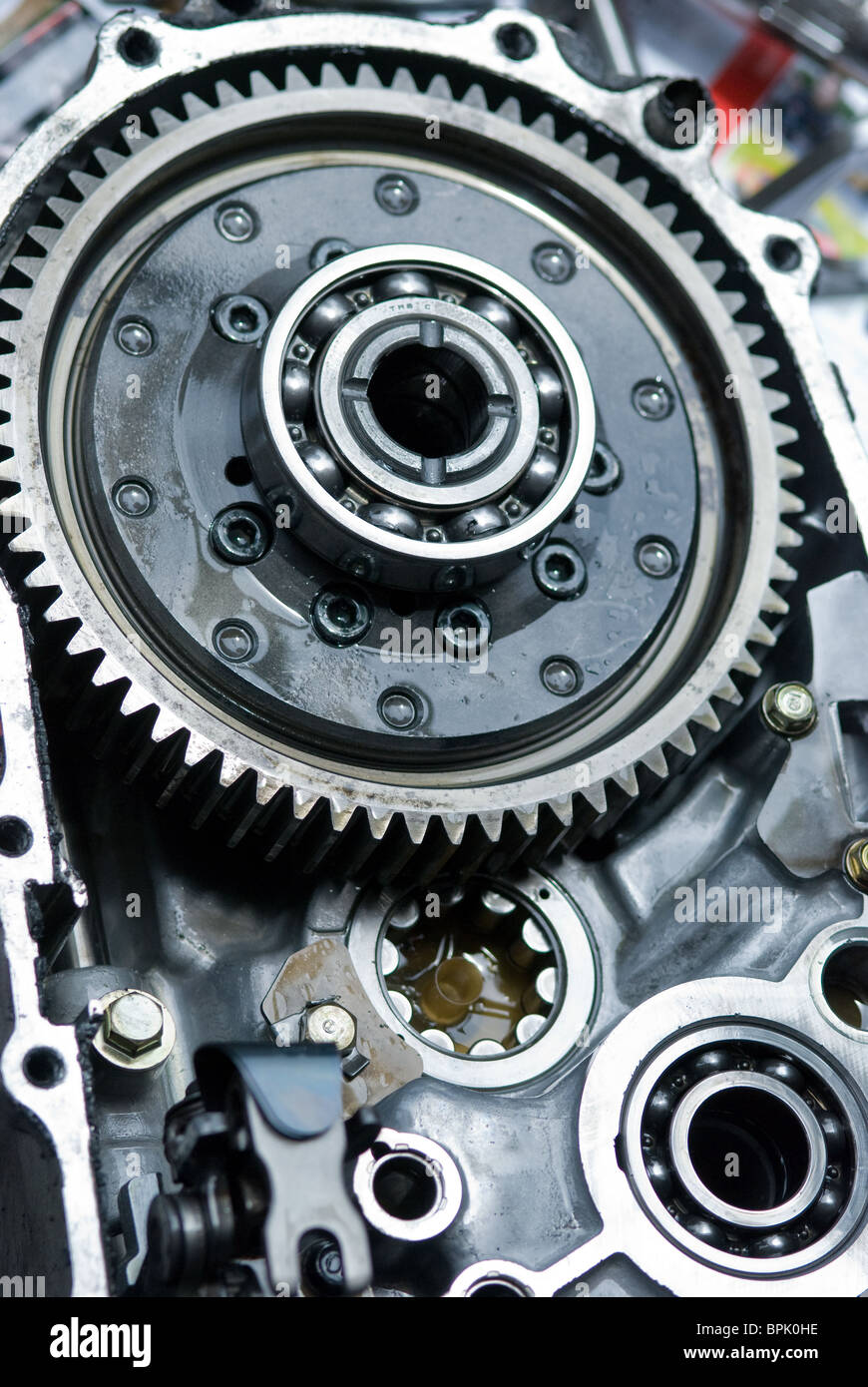 Inside of a car gearbox with ball bearings. Stock Photo