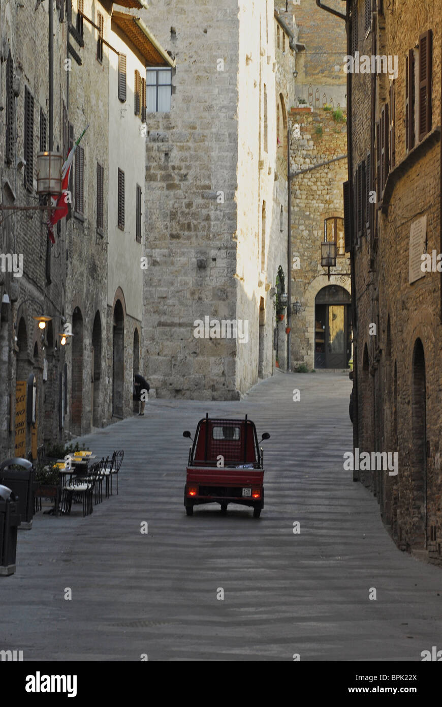 Alley at the old town with Vespa truck, San Gimignano, Tuscany, Italy, Europe Stock Photo