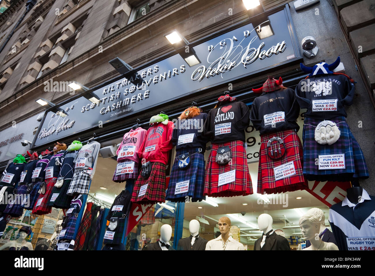 Stereotypical Scottish souvenirs and clothes in an Edinburgh shop Stock