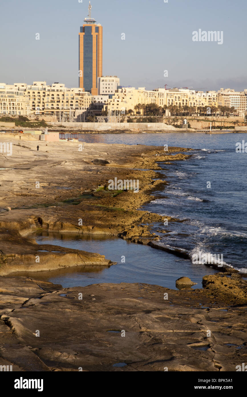 High rise building at the coast, Portomaso Business Tower, St, Julian's, Malta, Europe Stock Photo