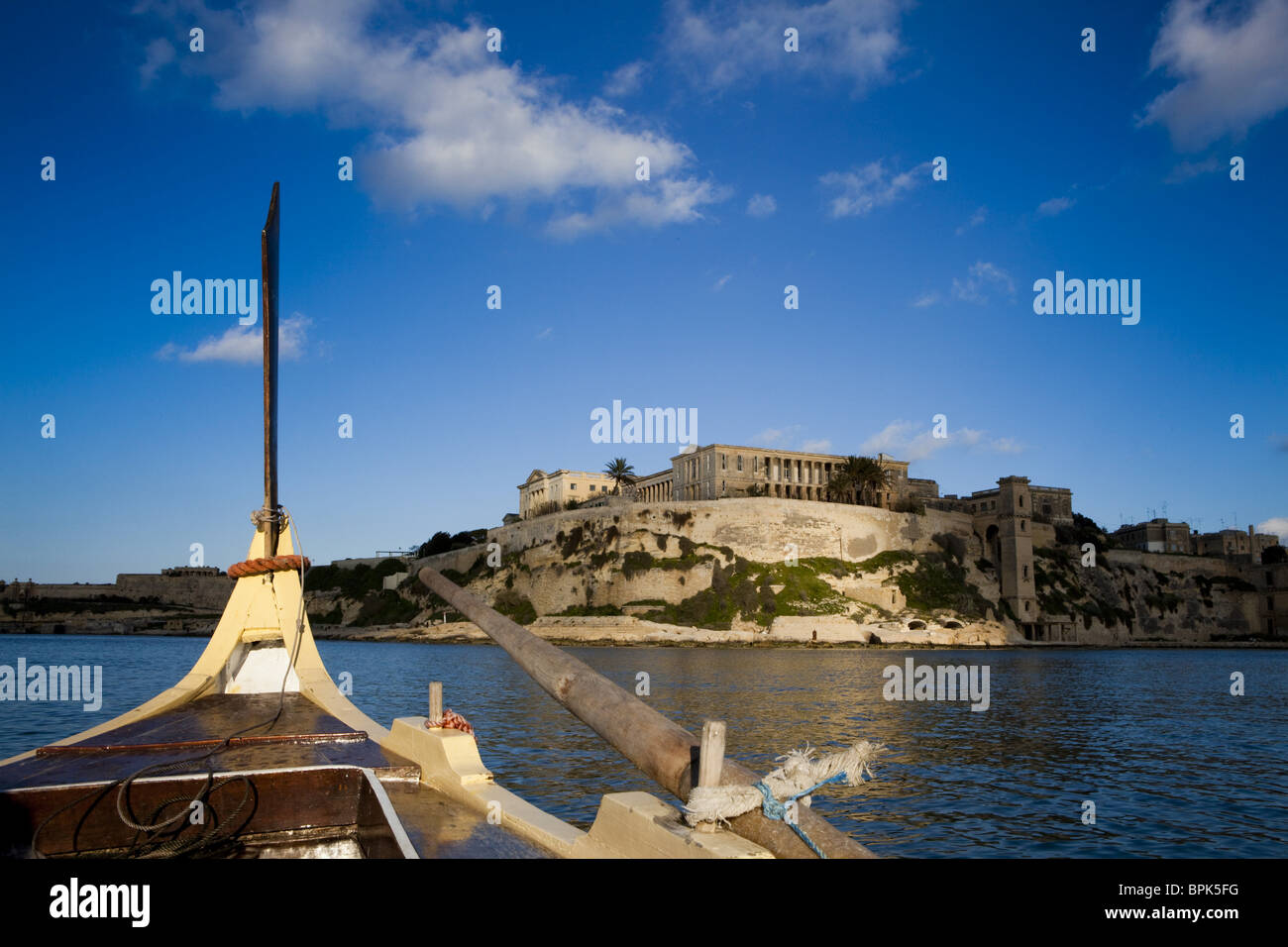 View from a boat at the Grand Harbour and view to the Bighi Centre, Kalkara district, Three Cities, Malta, Europe Stock Photo