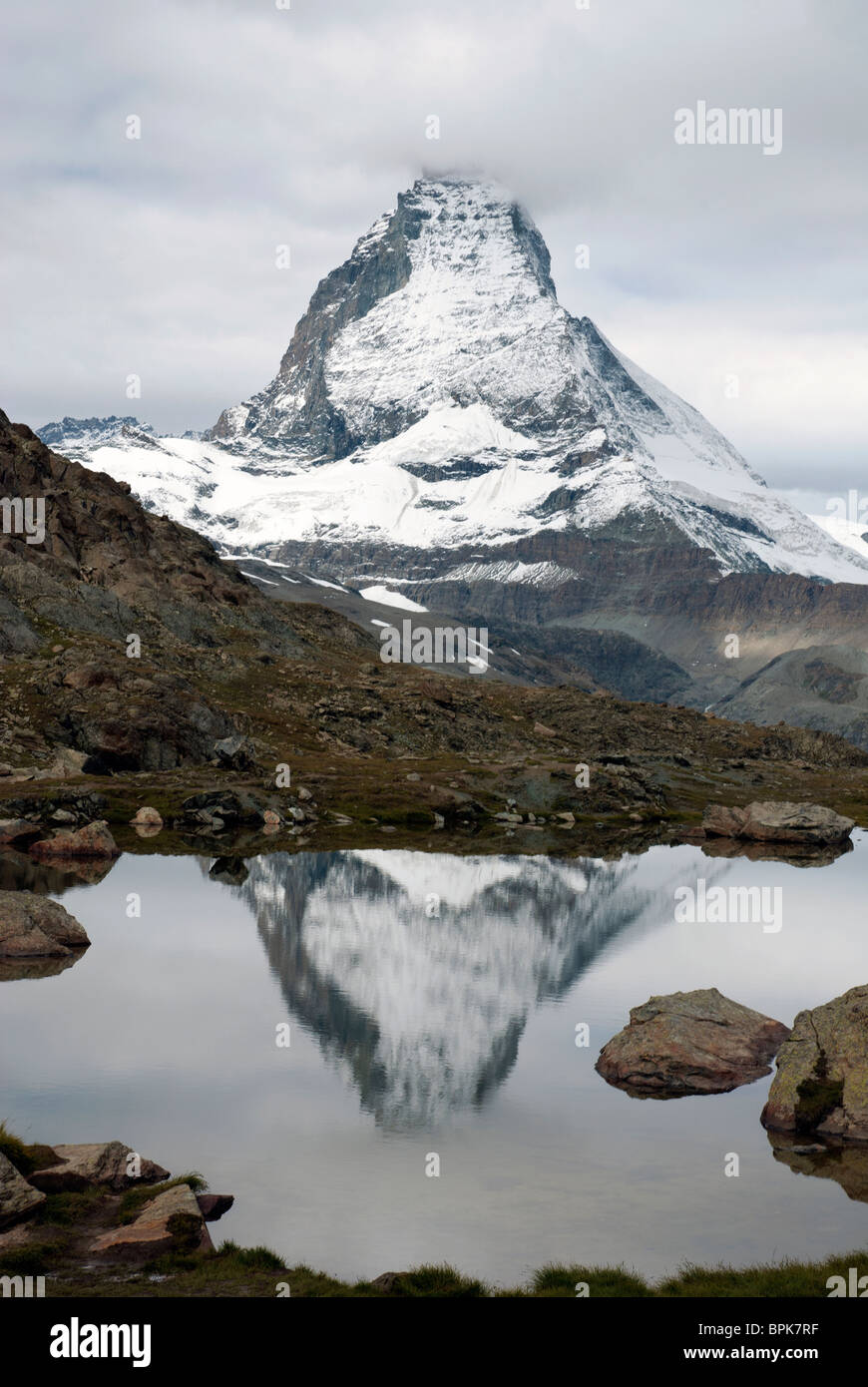 Riffelsee lake Matterhorn reflection Gornergrat bahn Rotenboden station Mont Cervin Cervino Alps mountain view Stock Photo