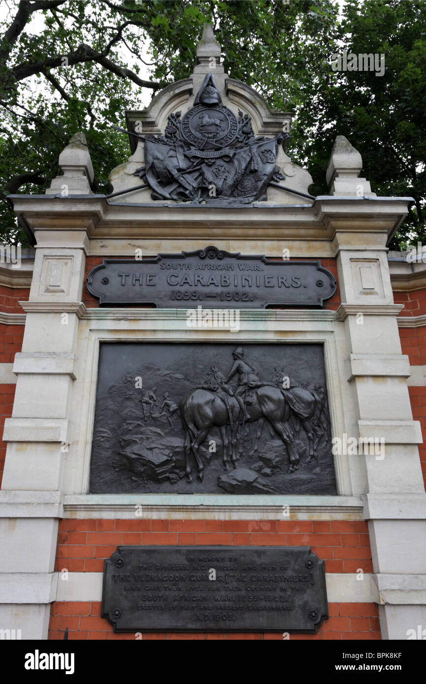Situated at the junction of Chelsea Bridge Rd and Chelsea Embankment in this memorial to the Carabiniers. Stock Photo