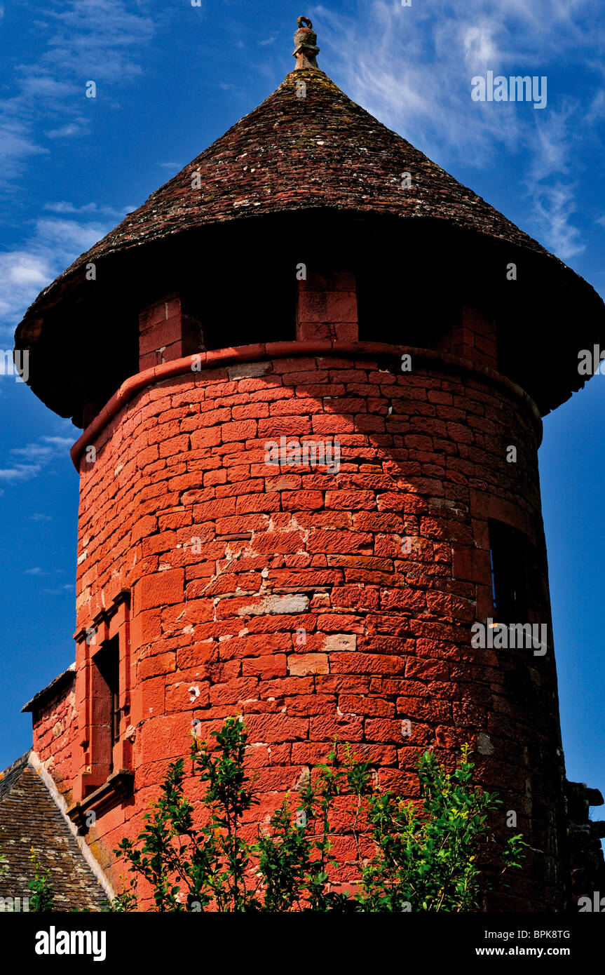 France: Red sand stone tower in Collonges-la-Rouge Stock Photo