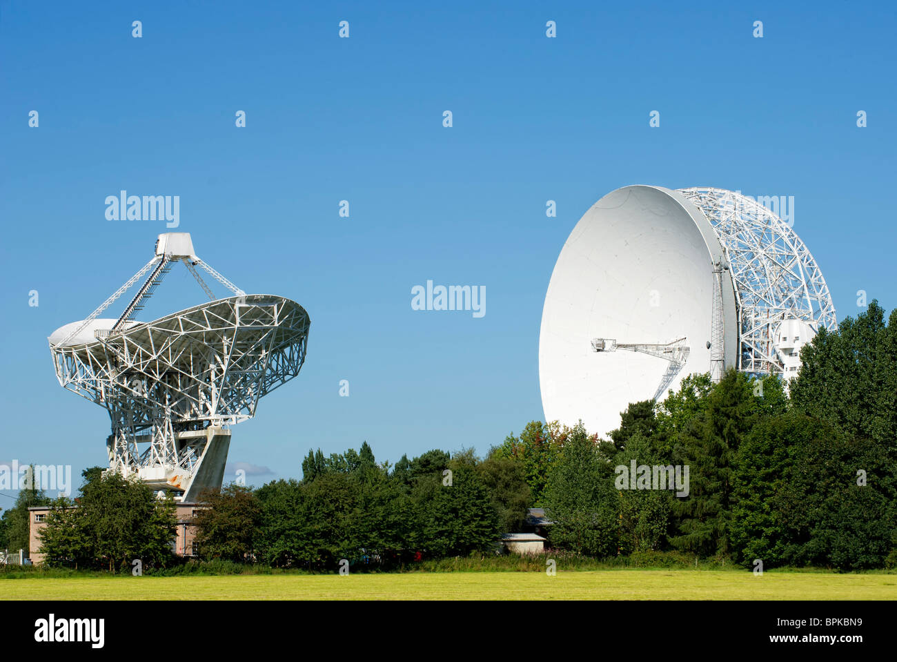 The Lovell telescope at the Jodrell Bank Observatory in Cheshire, England pictured with the smaller telescope known as Mark II Stock Photo