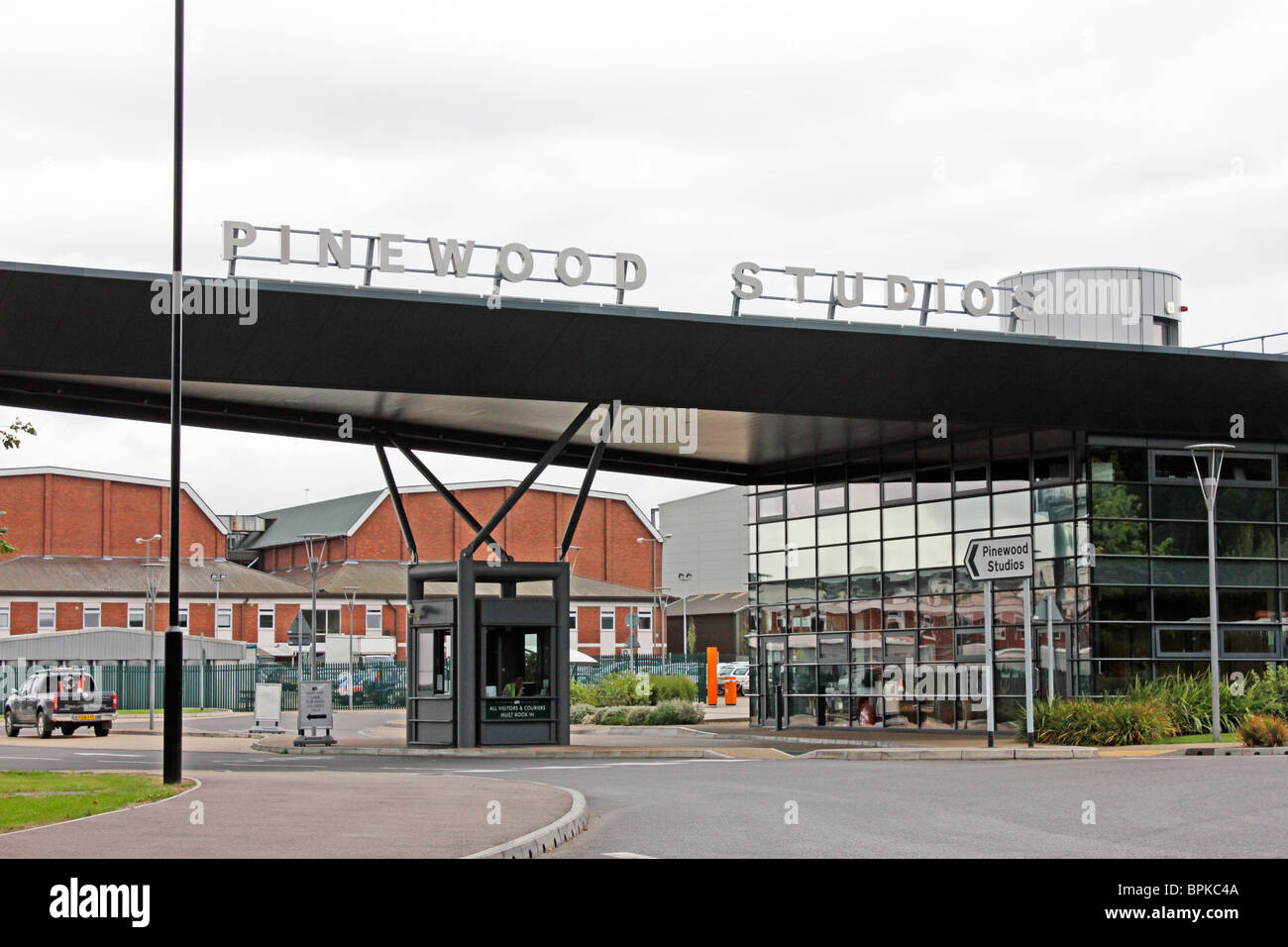 New entrance gate to the famous Pinewood film and television studios in Buckinghamshire Stock Photo
