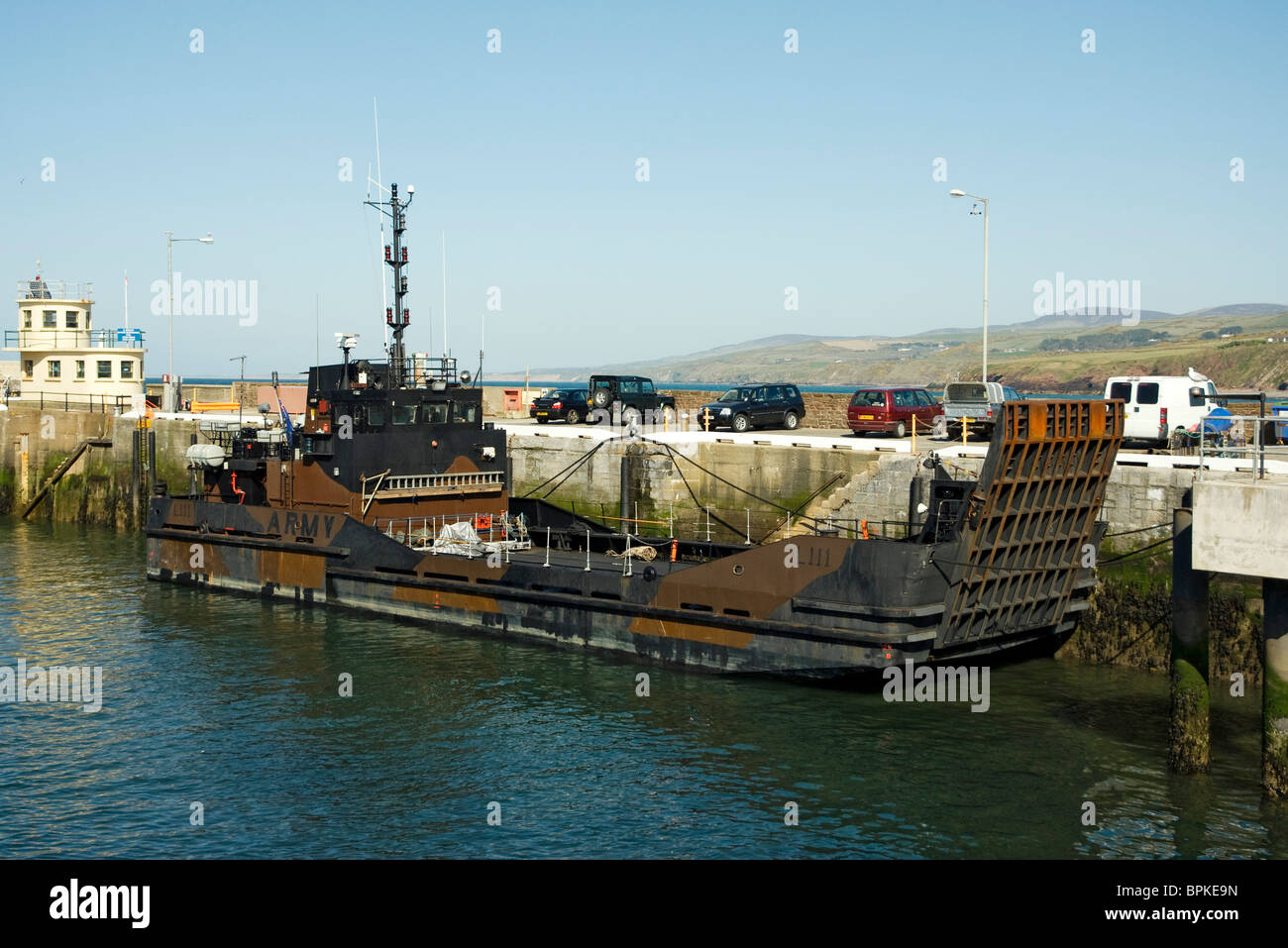 Army landing craft L111 moored at Peel Harbour, Isle of Man Stock Photo