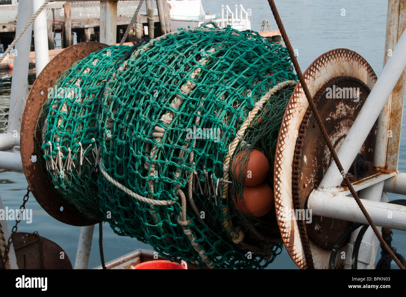 Spool of netting on a fishing trawler in Gloucester, MA on Cape Ann ...