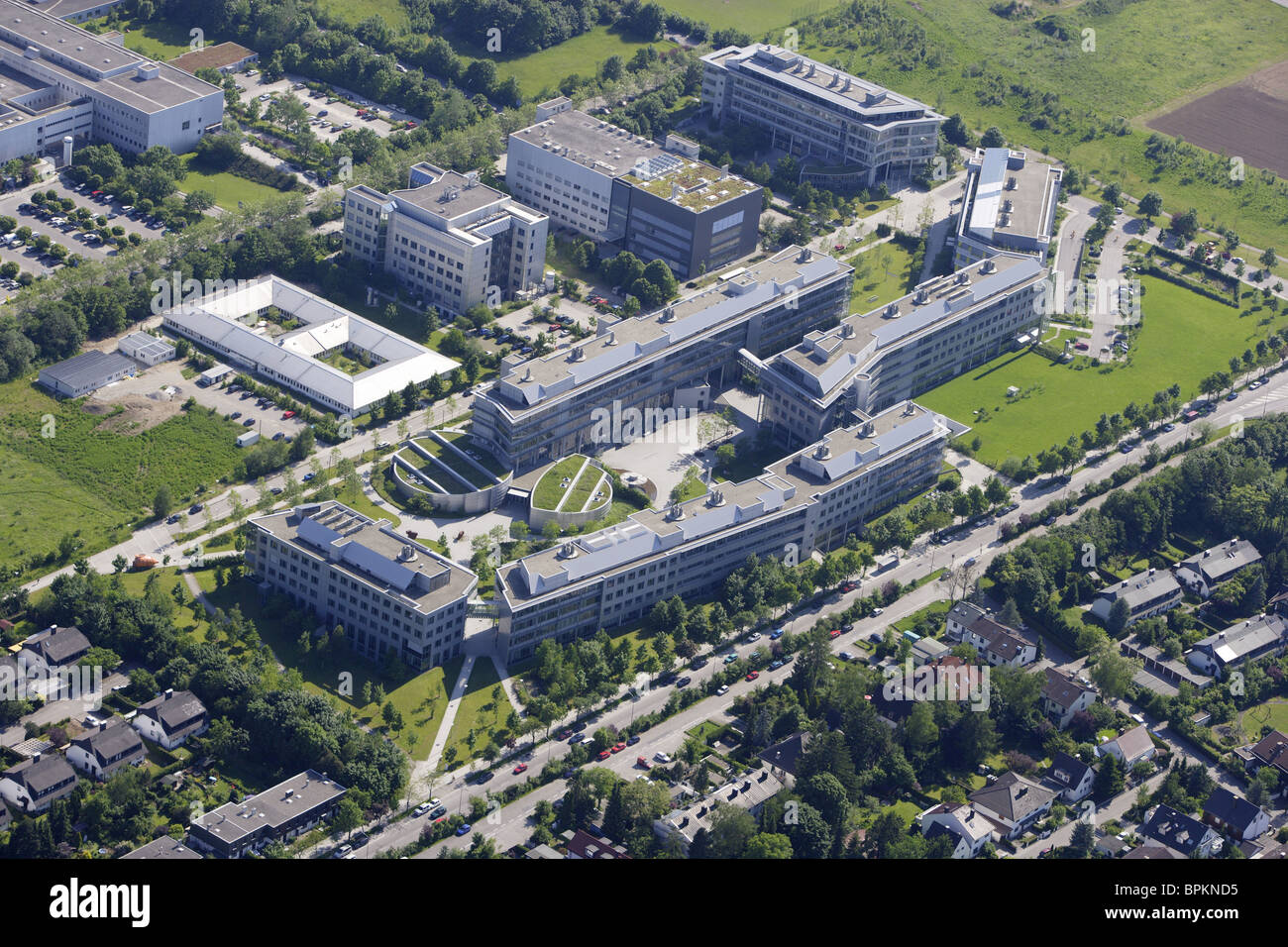 Aerial shot of the Max Planck Society building, Martinsried, Munich, Upper Bavaria, Bavaria, Germany Stock Photo