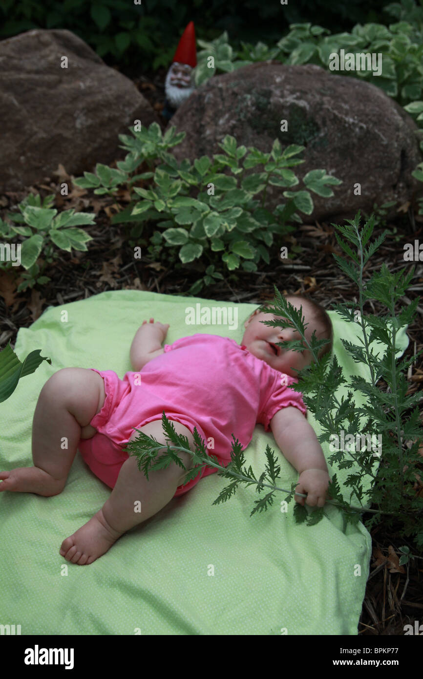 A baby lying on a blanket on the ground hidden by a bush Stock Photo Alamy