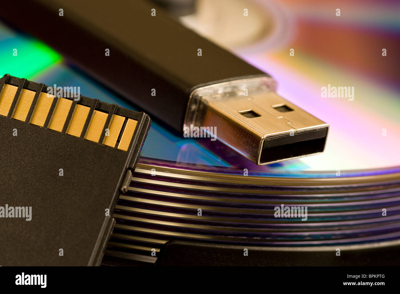 Cds and usb devise with Camera SD card Stock Photo