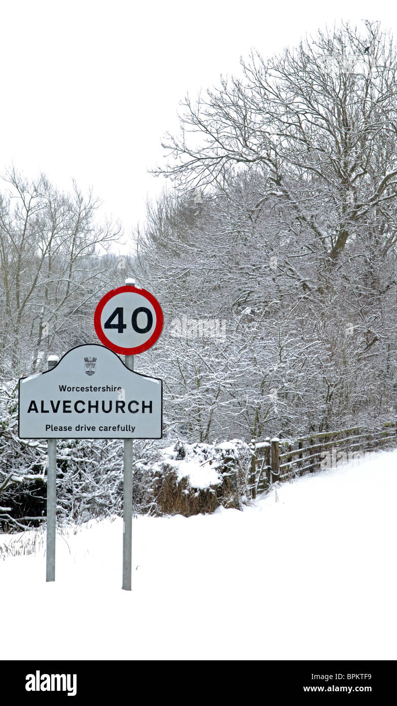 Alvechurch village sign and speed limit signs, Worcestershire, England