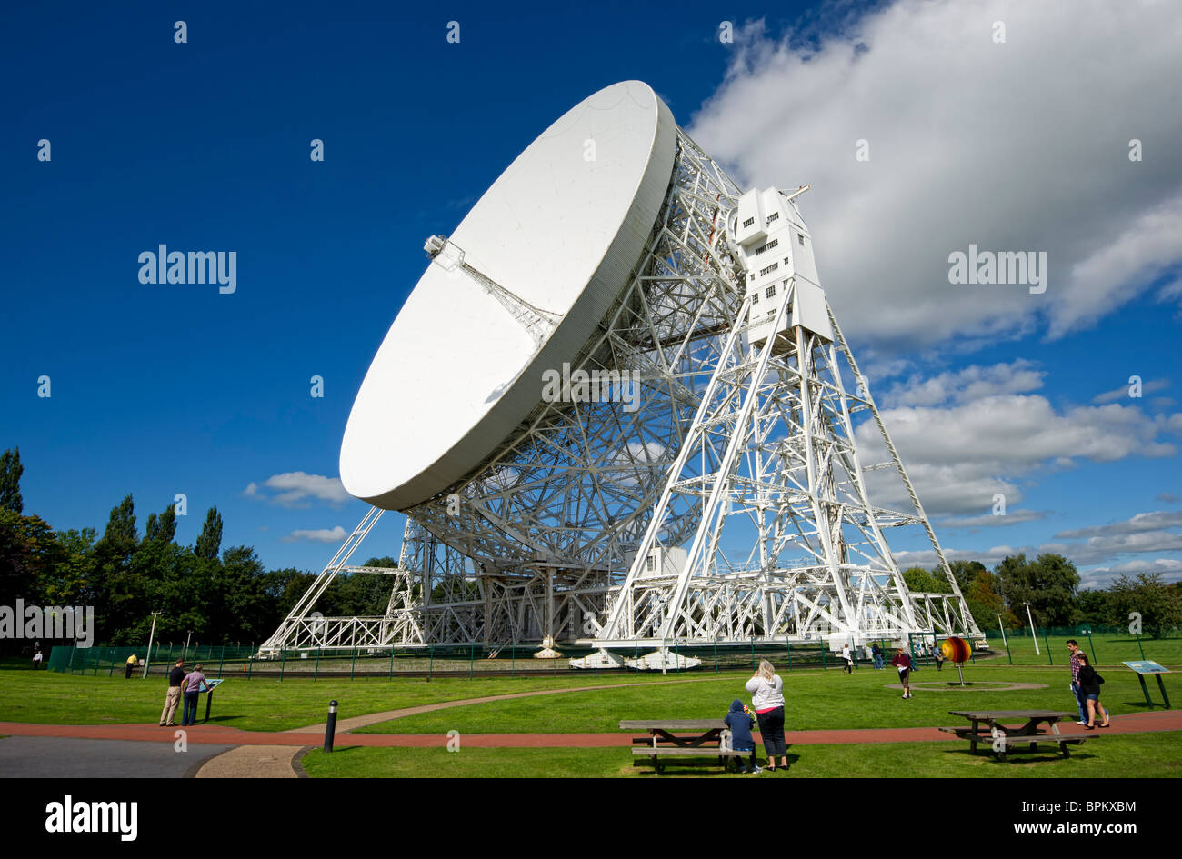 People looking at the Lovell telescope at the Jodrell Bank Observatory