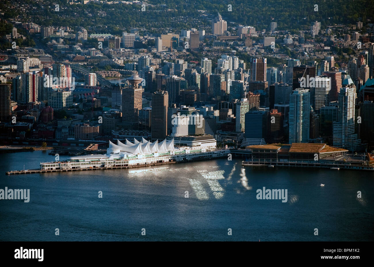 Canada Place and Vancouver Convention Centre aerial, float plane terminal,Sea Bus, Railway Station,Cruise ship Terminal Stock Photo