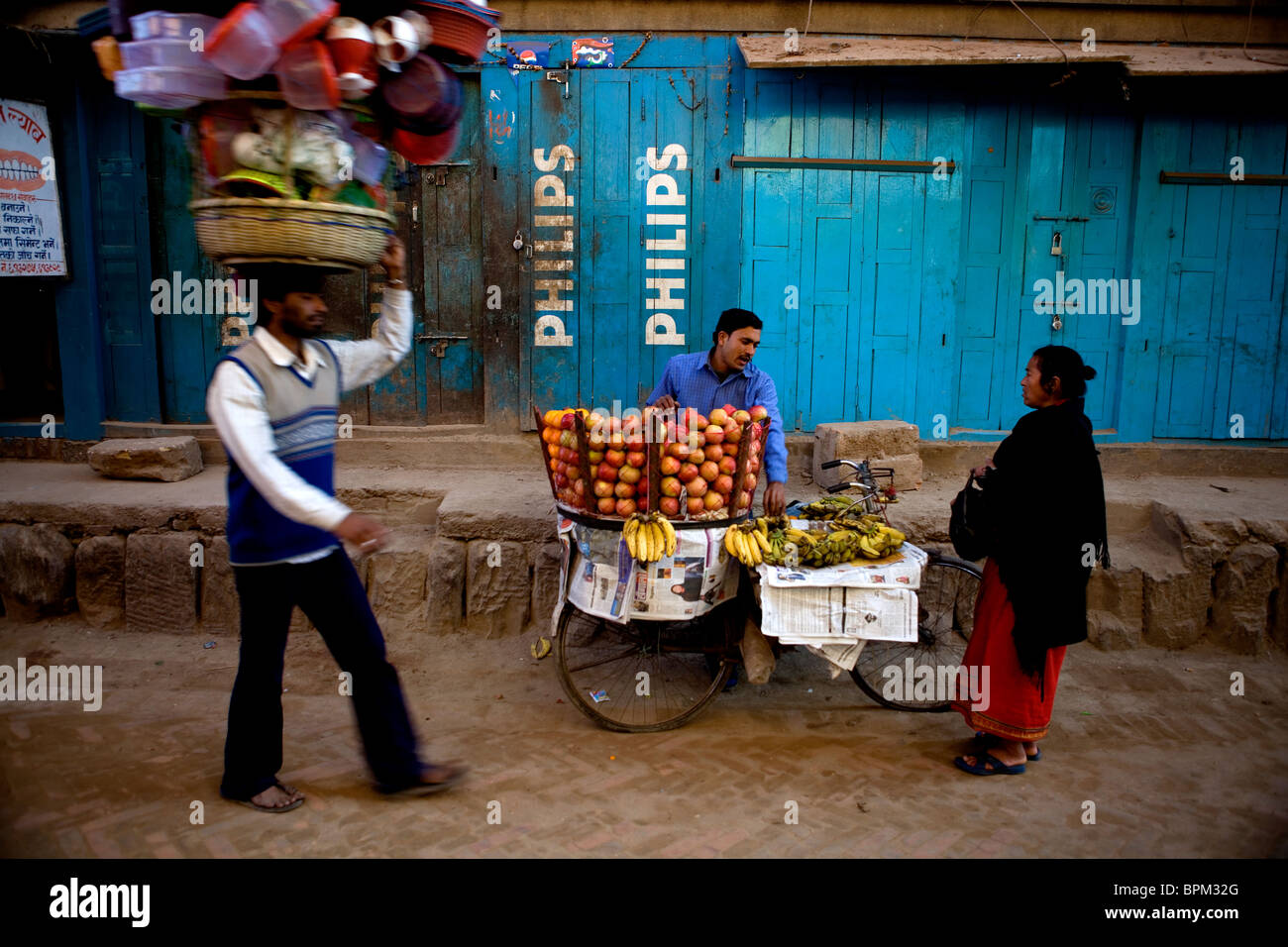 Street vendors selling merchandise fruit Kathmandu Nepal Asia Stock Photo
