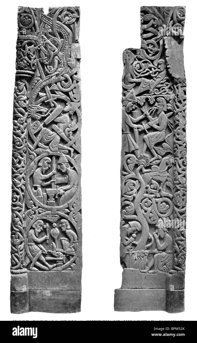 These two wood portals, carved with scenes from the Volsung Saga, are from a church at Hillestad, Norway. Stock Photo