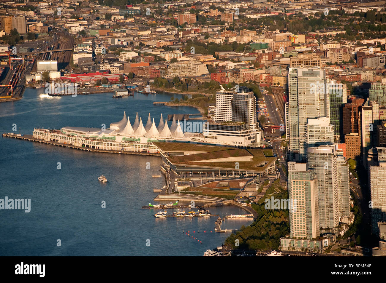 Canada Place and Vancouver Convention Centre,Coal Harbour, British Columbia, Canada Aerial view, Stock Photo