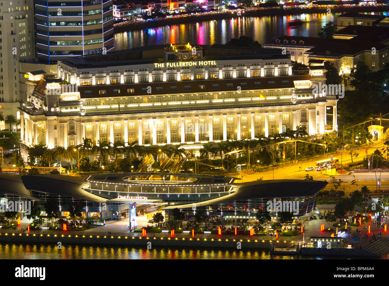 exterior of the Fullerton Hotel Singapore, at night Stock Photo