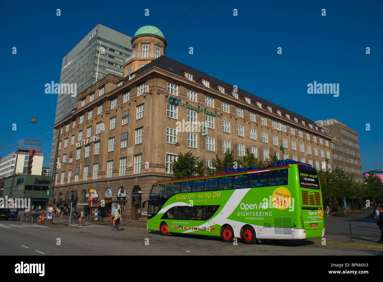 Sightseeing tour bus on Vesterbrogade street central Copenhagen Denmark Europe Stock Photo