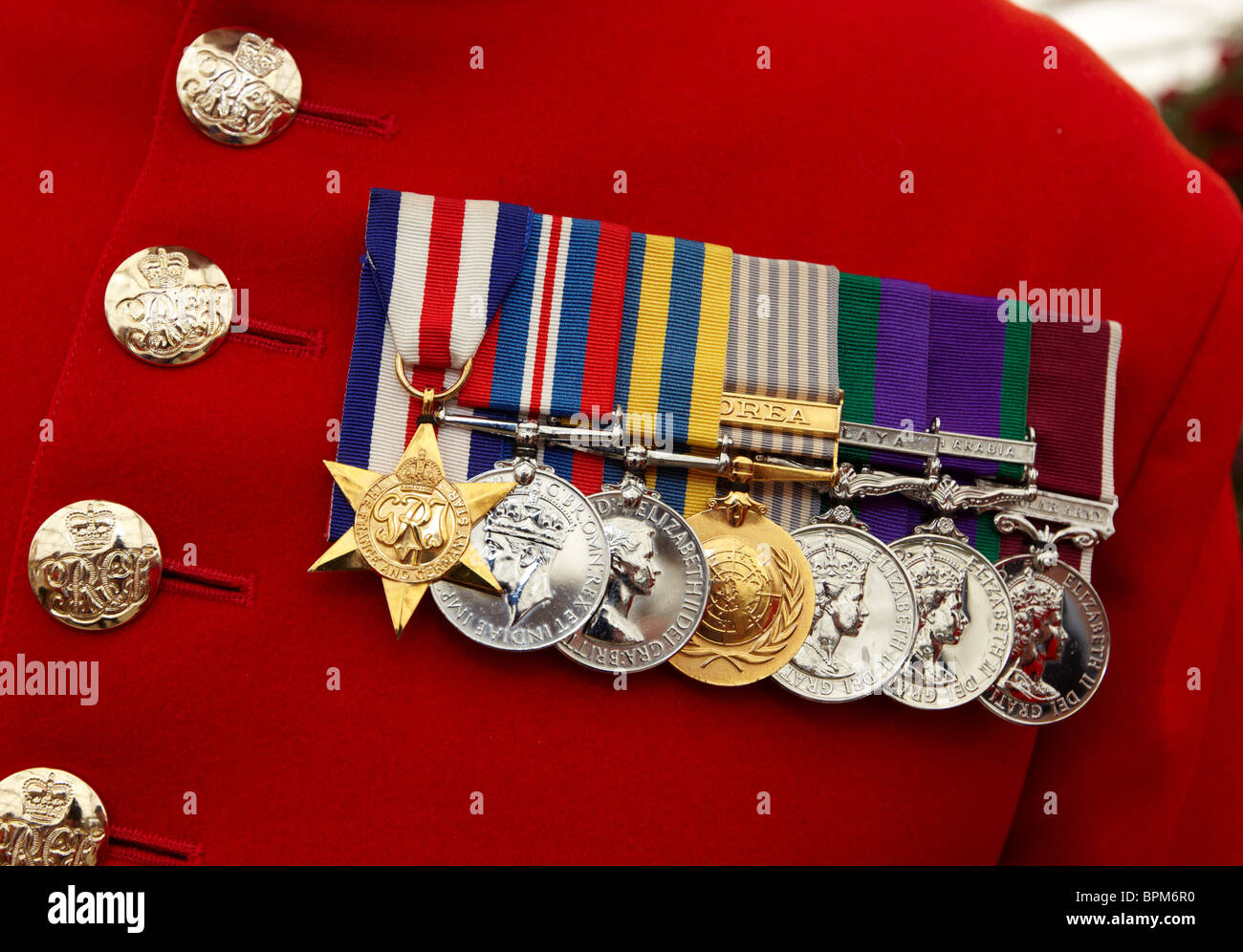 War Medals On The Red Tunic Of A Chelsea Pensioner Chelsea Flower Show London Europe Stock Photo