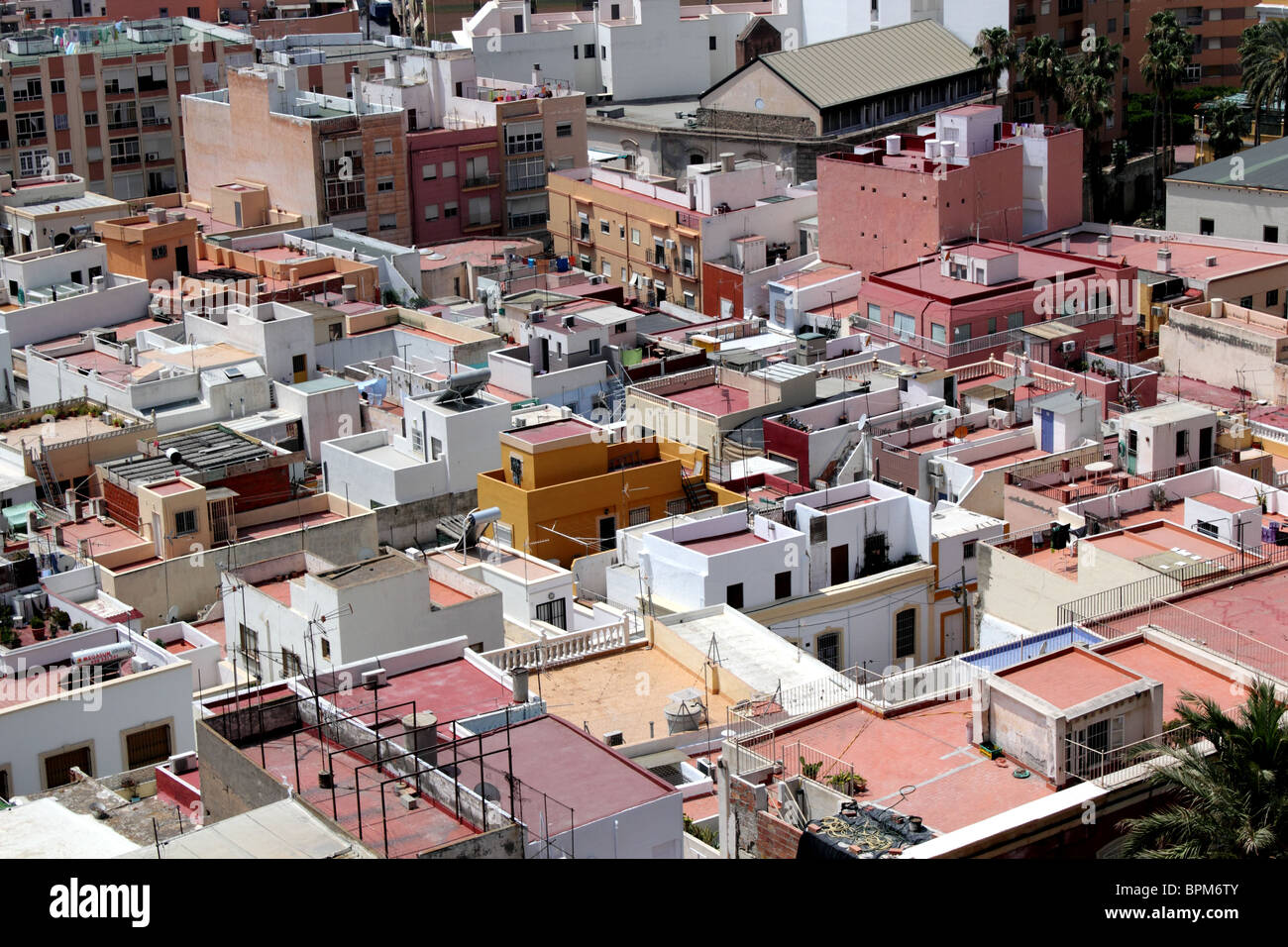 View of rooftops and houses seen from an elevated position in la Alcazaba, Almeria, Andalusia Spain Stock Photo