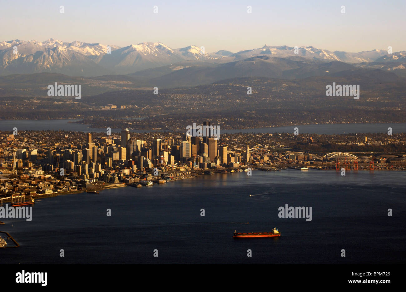 Aerial of Seattle,Lake Washington,Space Needle,City Center,sports stadiums,Bellevue & Cascades Stock Photo